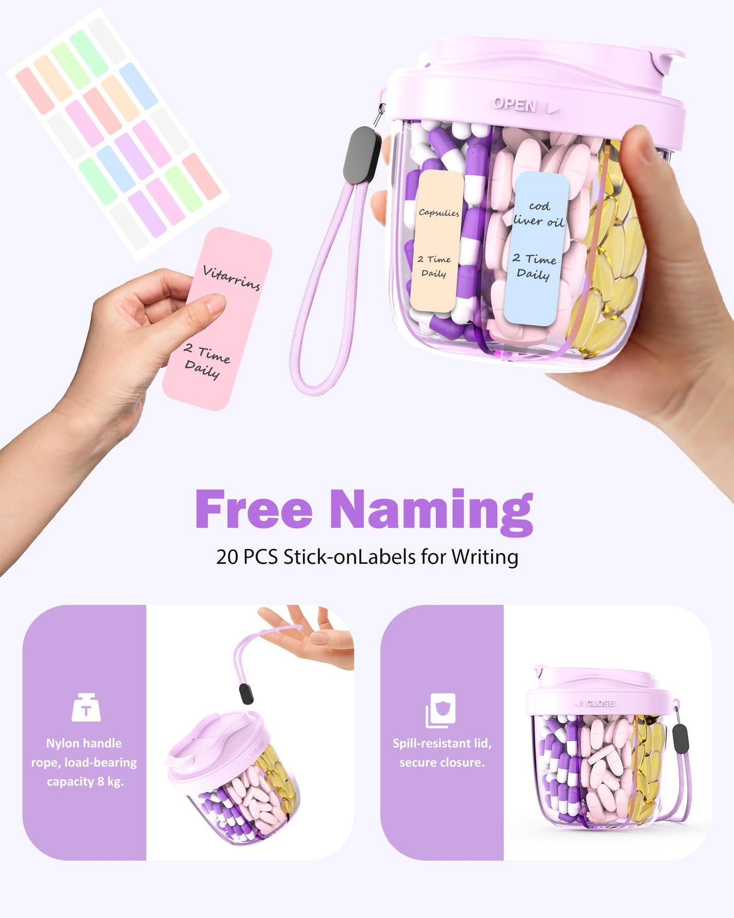 Cute Pill Organizer,Pill Dispenser with 7 Large Compartments,Portable Pill Bottle Box with Wide Opening for Easy Use, Anti-Mix Pills Organizer for Travel,Includes 20 Pcs Sticky Labels(Black) WN420