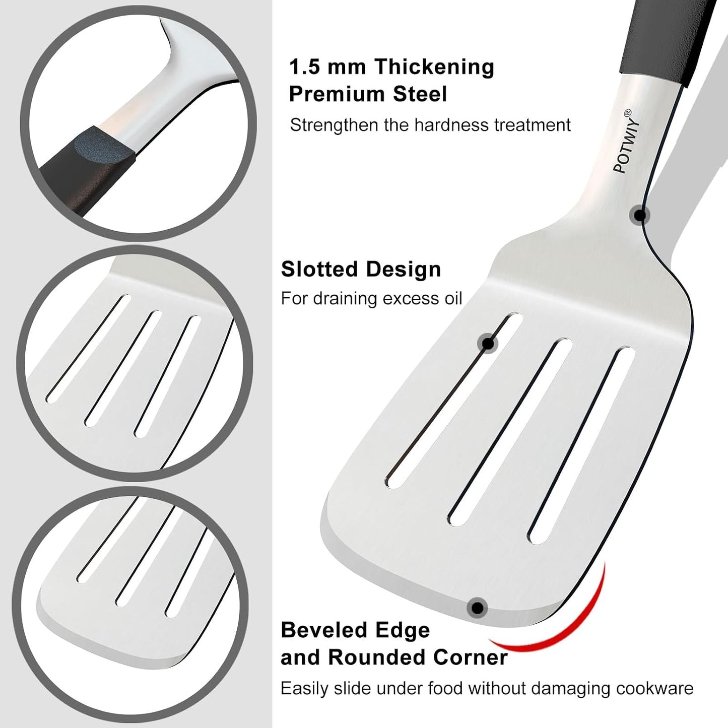 Stainless Steel Wide Spatula Set, Heavy Duty Large Metal Spatulas for Cast Iron Skillets Griddle and BBQ Grill, Solid and Slotted Turner with Silicone Handle for Smash Burgers and Pancake BST326H