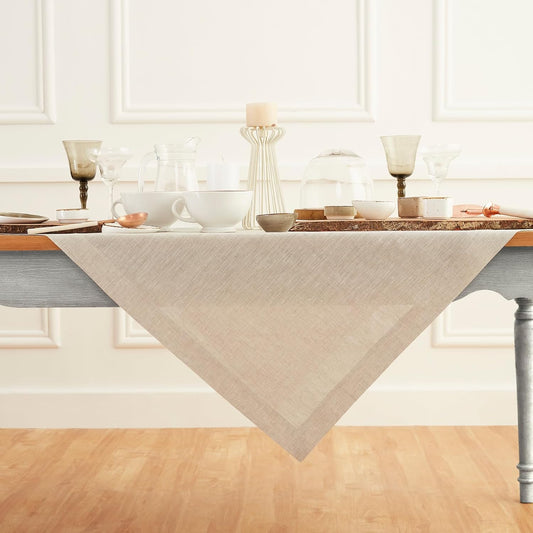 Solino Home 100% Pure Linen Table Cloth, Throw Natural, Athena 52 x 52 in | Linen Tablecloth a neat topper for bistro, card and side tables | softly textured weave | Light Natural | OEKO-TEX Certified BST326SOLH