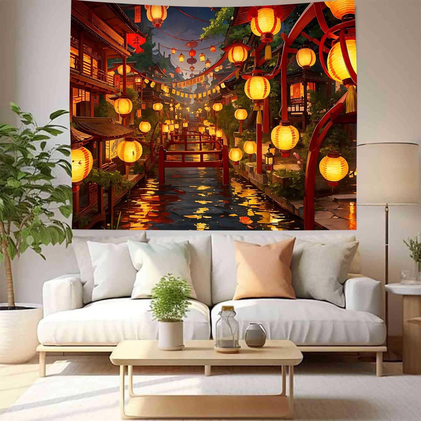 Ine Ive Japanese Tapestry Wall Hanging Large Size 93x71 Inch | Traditional Japan Streets filled with lanterns tapestry for Bedroom Living Room Dorm Office Restaurant Wall Decor BST202