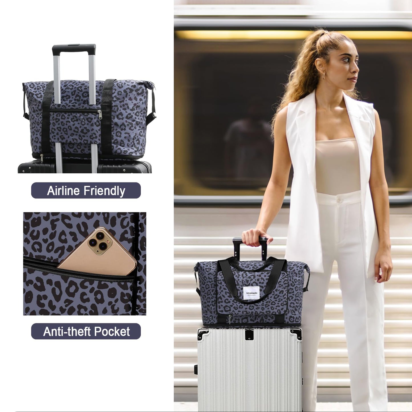 WOOMADA Foldable Travel Duffel, Weekender & Carry-On Bag with Expandable Space BST326H