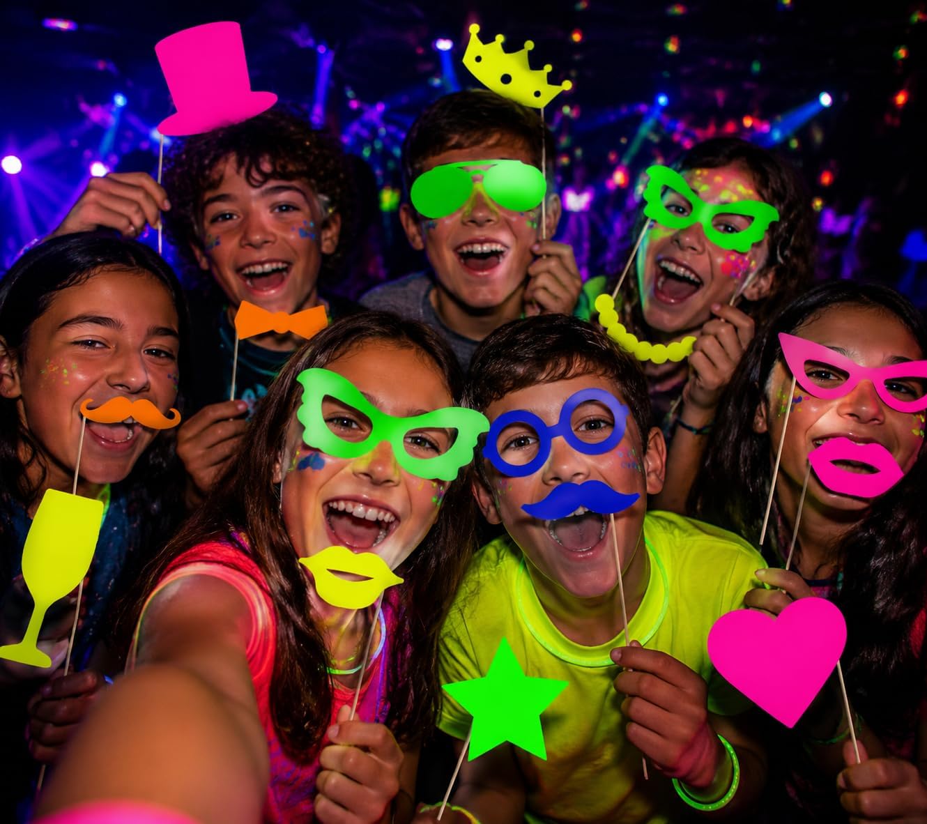 18 Pcs Neon Photo Booth Props for Kids, UV Black Light Fluorescent Selfie Posing Supplies, Let's Glow Crazy Party Decorations for Boys Girls Birthday, Sleepover, Teen Glow in the Dark Party Favors BST326L