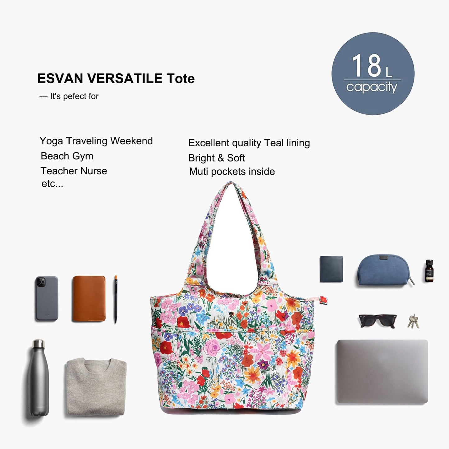 ESVAN Yoga Tote Bag Mat bag Women Shoulder Bags Carryall Tote for Travel Office Workout Gym Nurse Beach BST326H