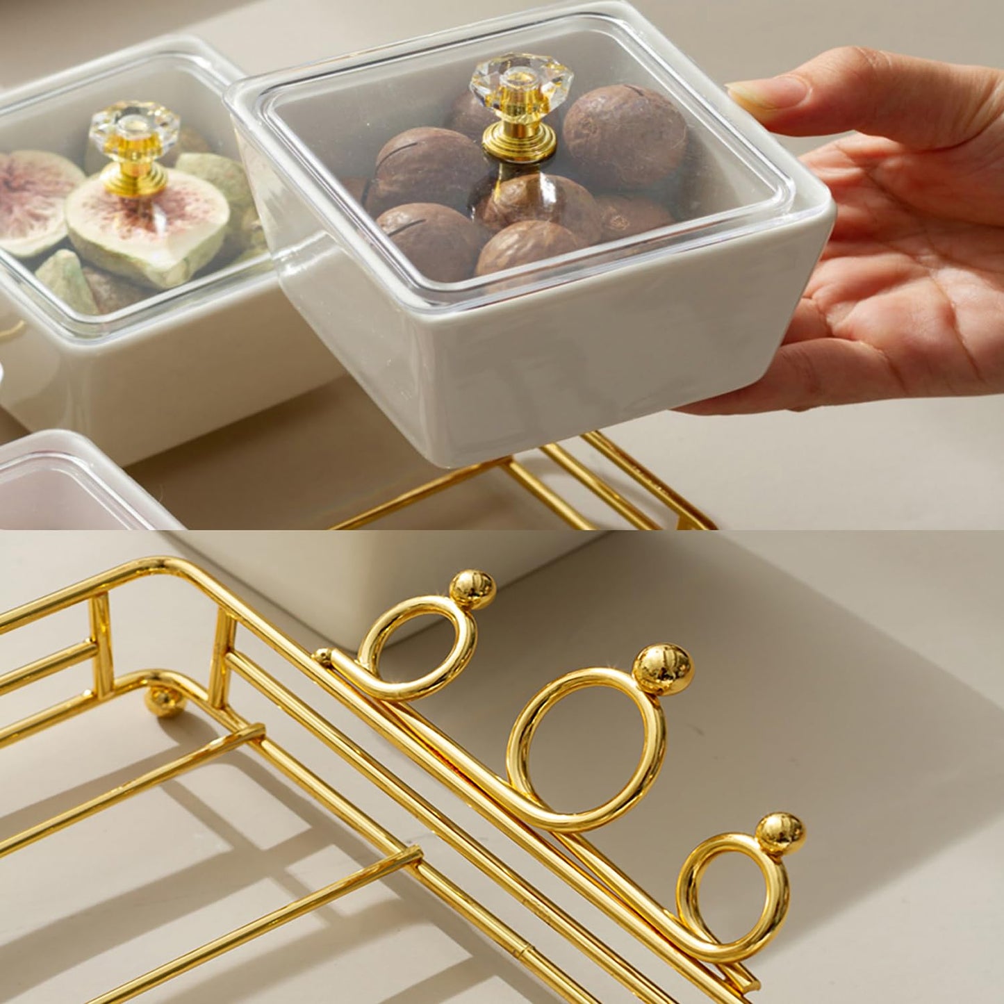 YA JU Ceramic Bowls and with Lid Gold Basket Trays, 4 Removable Small Bowls Condiment Trays Nut Serving Set for Snacks, Fruits, Candy and Condiments - Great for Parties, Holiday Gifts,White BST202