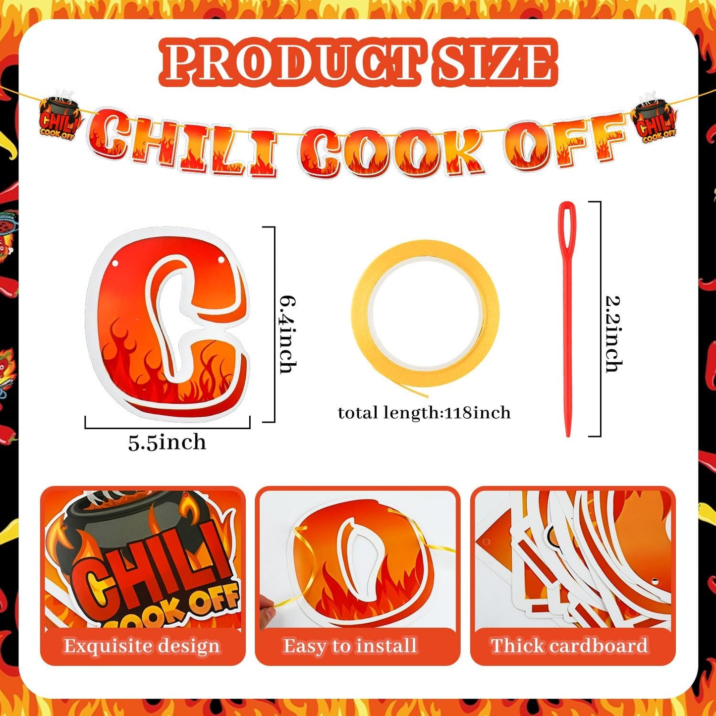 4Pcs Chili Cook Off Decorations Set Include 3P 51.2" x 86.8" Disposable Chili Pepper Flame Plastic Table Covers and Chili Cook Off Banner Chili Cooking Contest Party Supplies Chili Pepper Decorations BST326L
