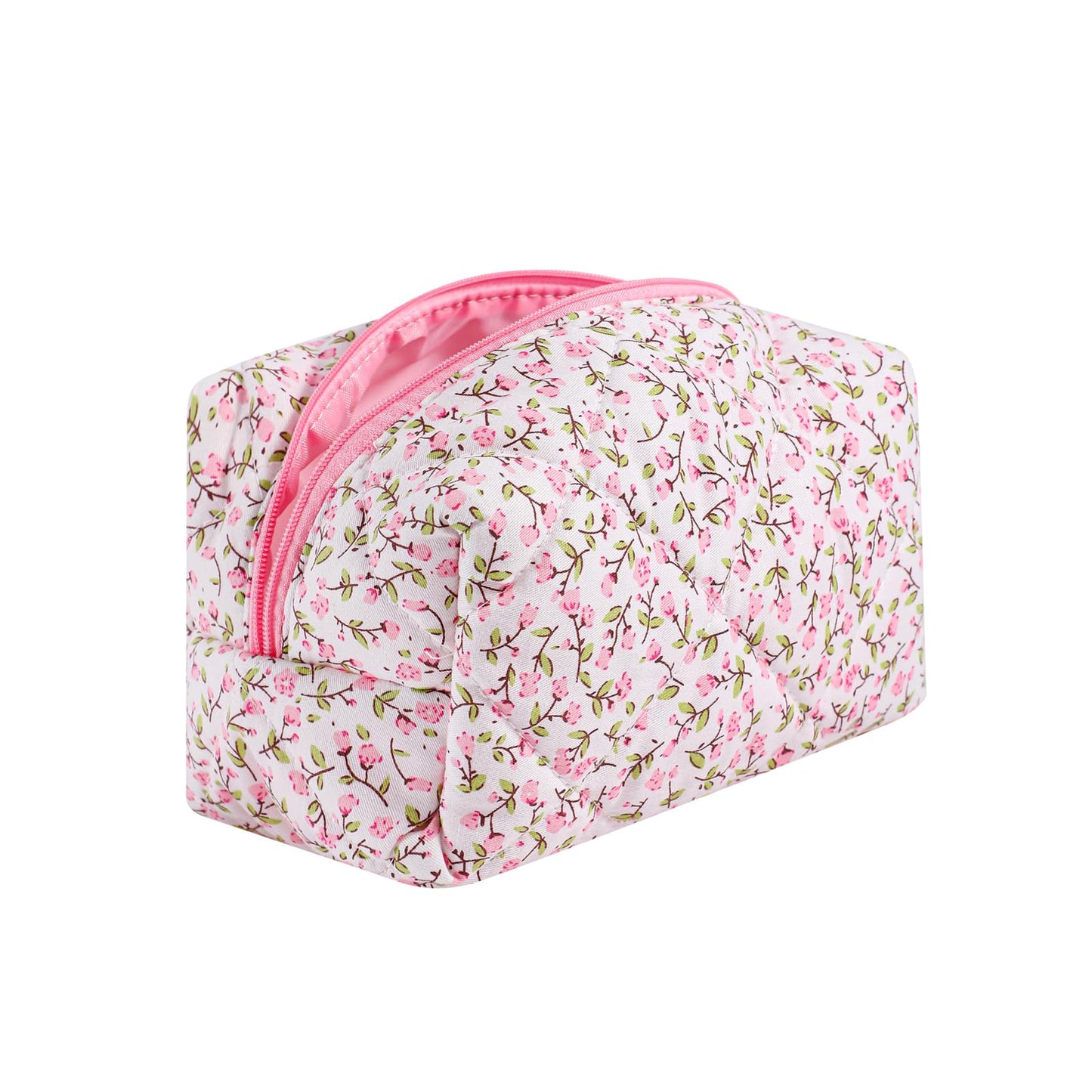 Cute Small Floral Cotton Makeup Bag, Quilted Zipper Pouch with Coquette Bear for Women and Girls, Kawaii Travel Cosmetic Bags for Purse(07Yellow and Pink Flower) BST220