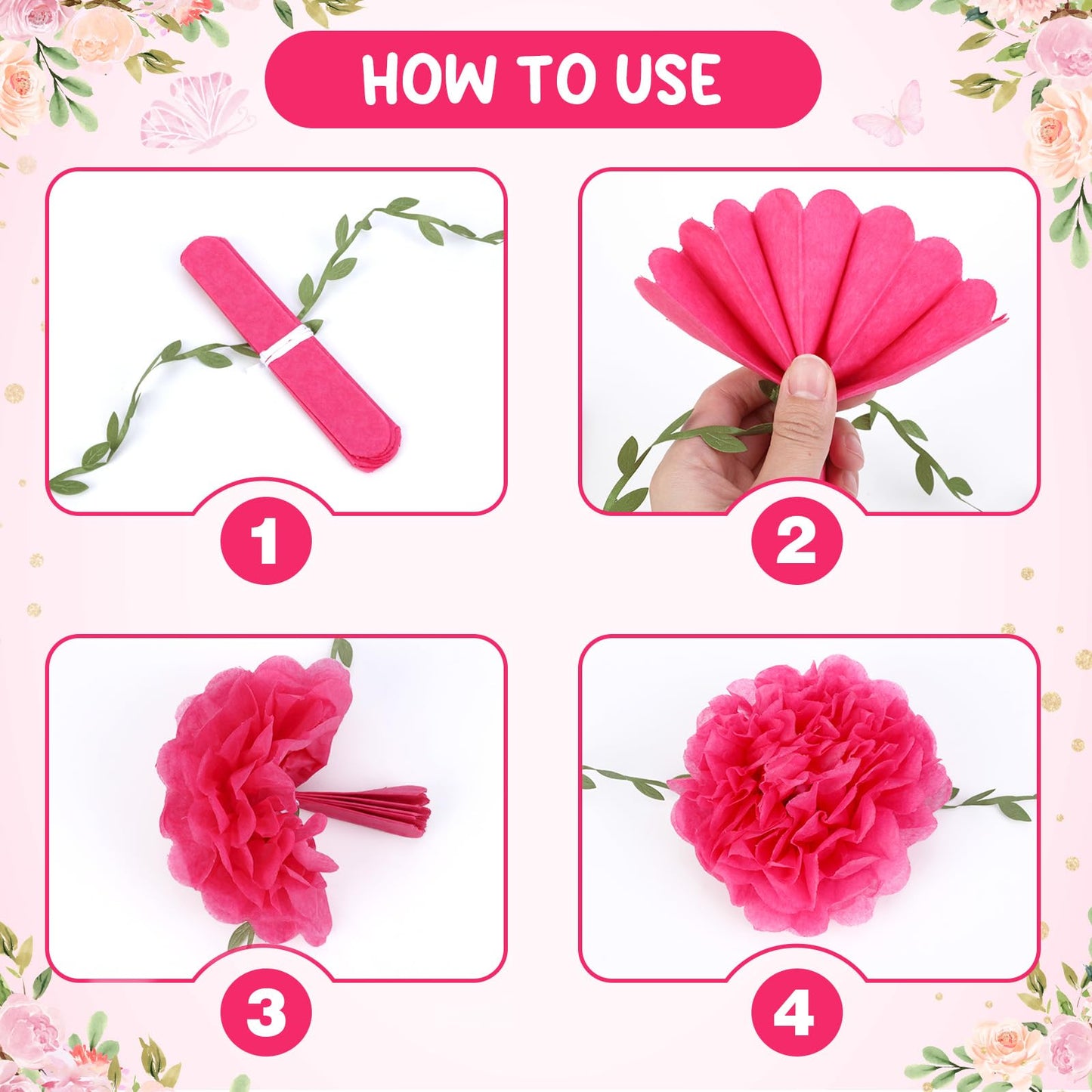 kreat4joy 4pack Pink Purple Tissue Paper Pom Poms Flowers Garland Leaf Ribbon 98.42inches Pre-Strung Reusable Ceiling for Birthday Baby Shower Wedding Bridal Shower Home Event Wall Party Decoration BST220