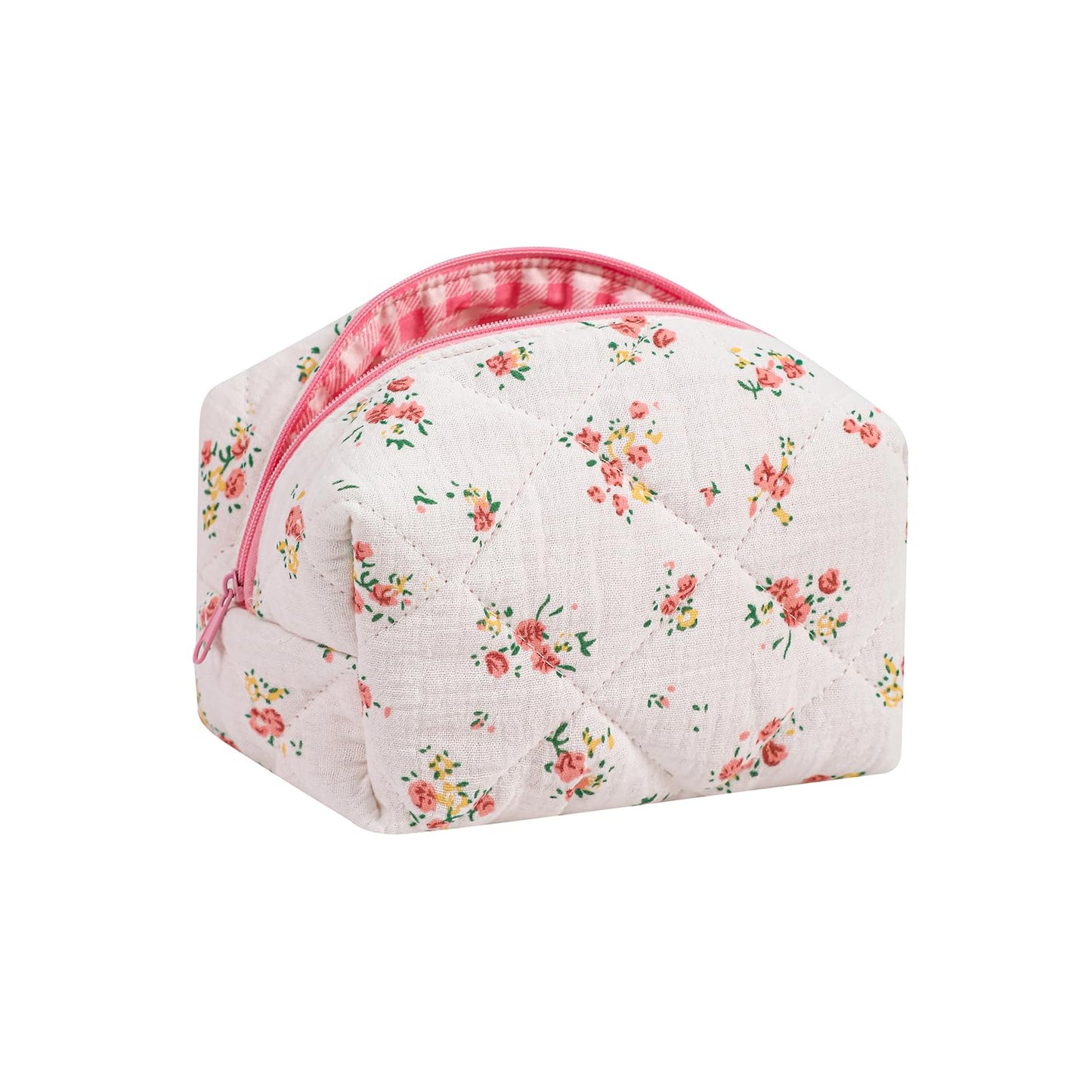 Cute Small Floral Cotton Makeup Bag, Quilted Zipper Pouch with Coquette Bear for Women and Girls, Kawaii Travel Cosmetic Bags for Purse(07Yellow and Pink Flower) BST220