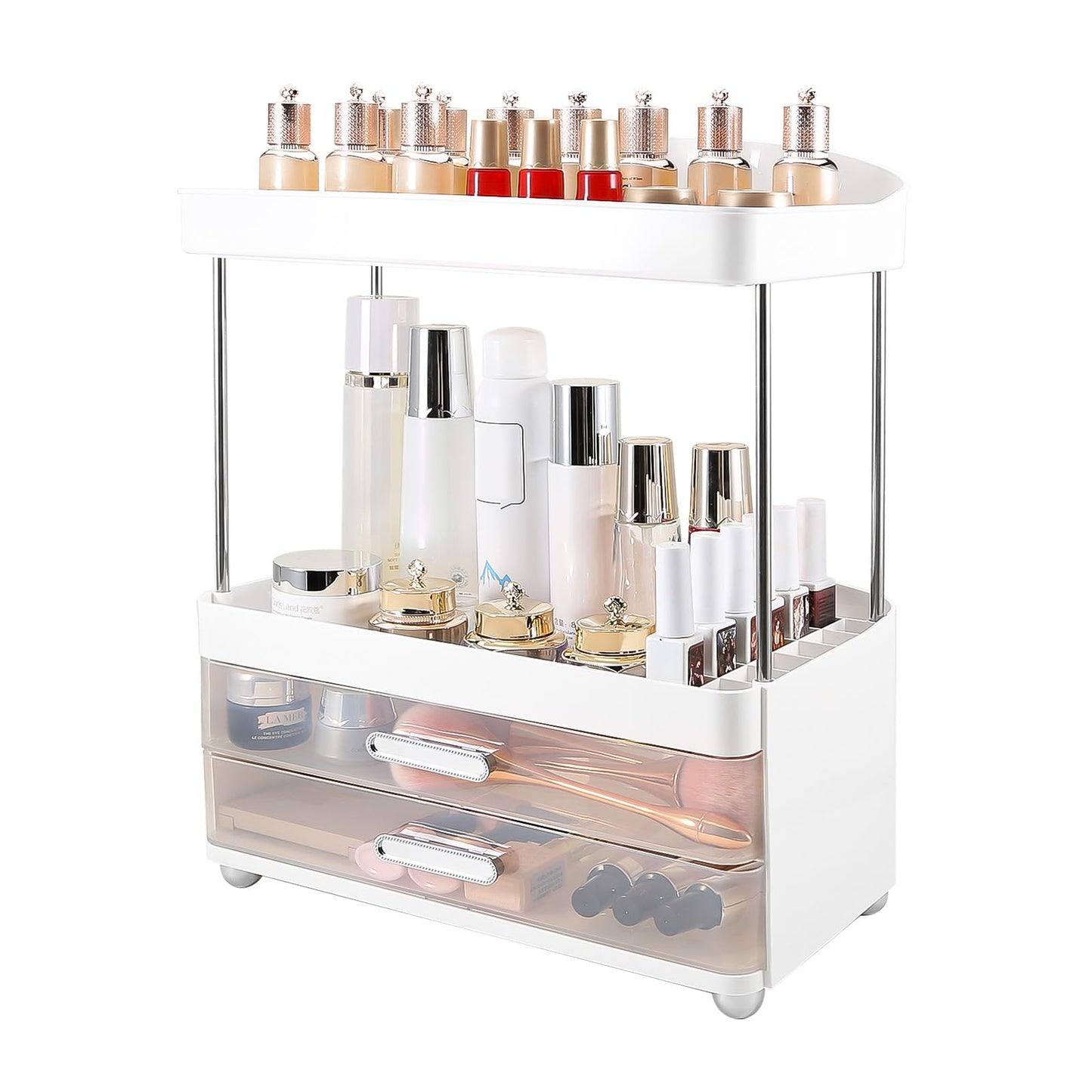 DASITON 4 Tiers Makeup Organizer, 2 Drawers Large Cosmetic Organizers for Vanity Bathroom Countertop, Bathroom Organizers and Storage for Skincare, Cosmetic, Perfume, Dresser Organizer (Cream+Clear) BST220