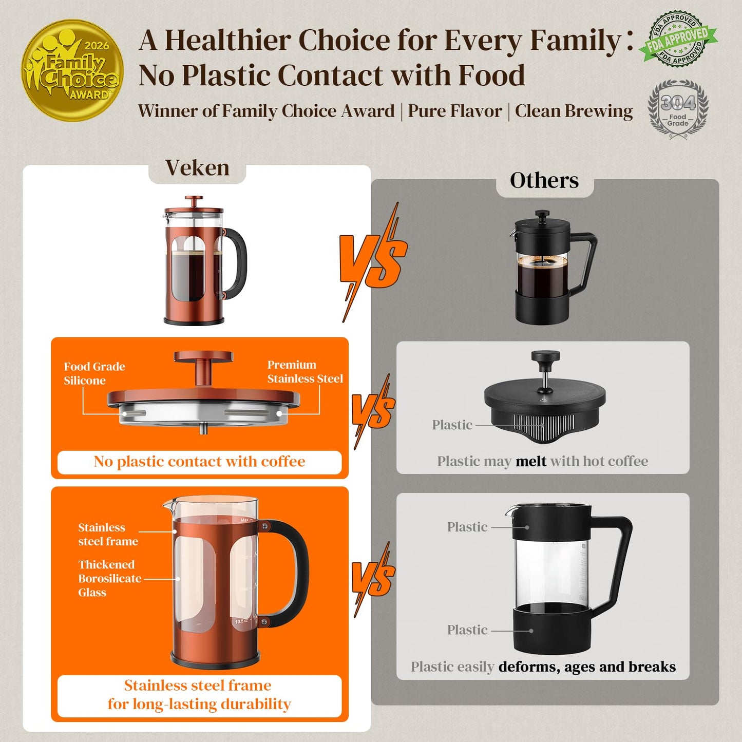 Veken French Press Coffee Maker 34oz, No Plastic Touching Cafe,Thickened Glass Stainless Steel Brewer, Cold Brew Cafetera Tea pot for Kitchen Travel Camping, Gifts, Decor, Bar Accessories, Dark Pewter