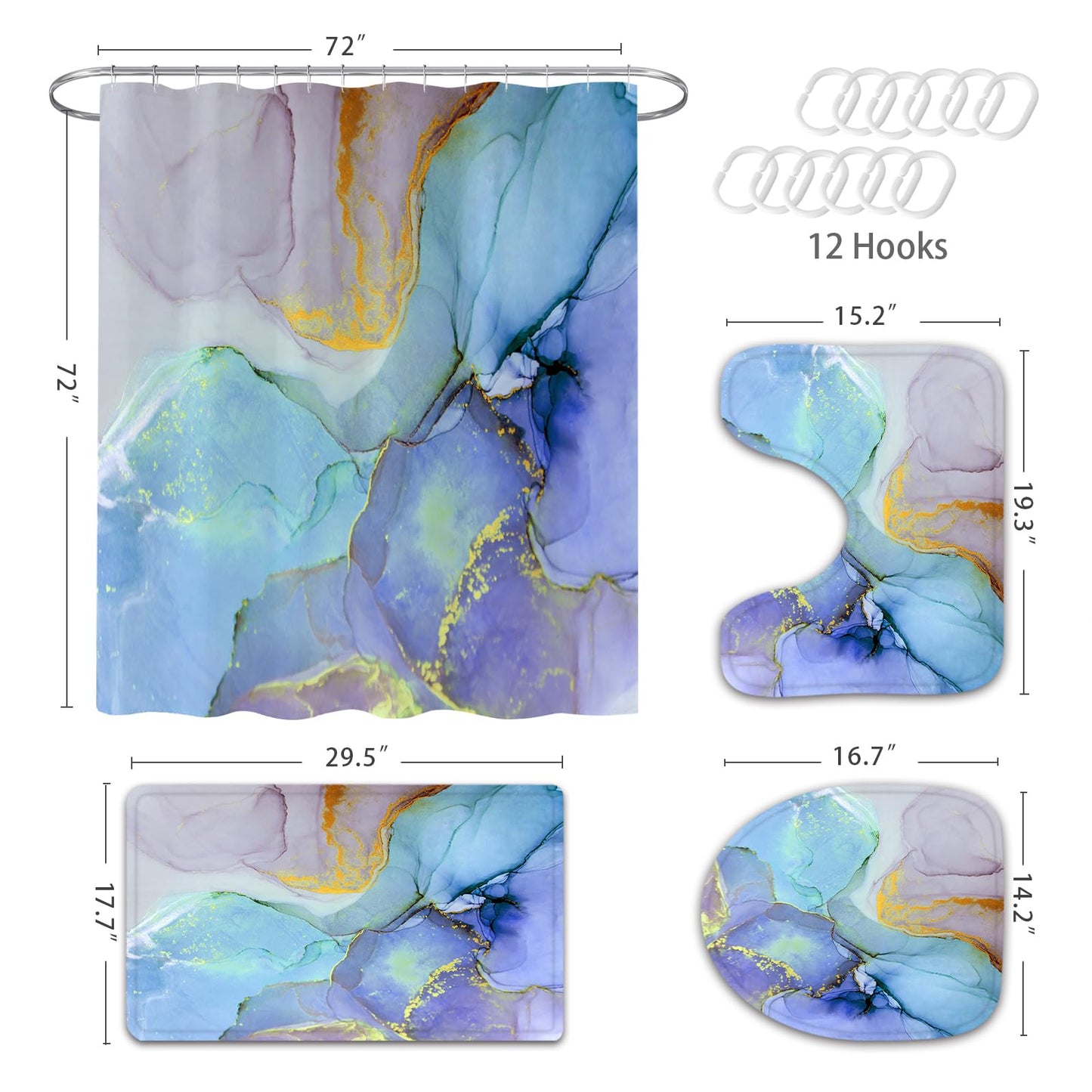 Gibelle 4 Pcs Bathroom Shower Curtain Set with Non-Slip Rugs, Toilet Lid Cover and Bath Mat, Grey Blue Marble Bathroom Decor Set with Shower Curtain and Rugs and Accessories BST326H