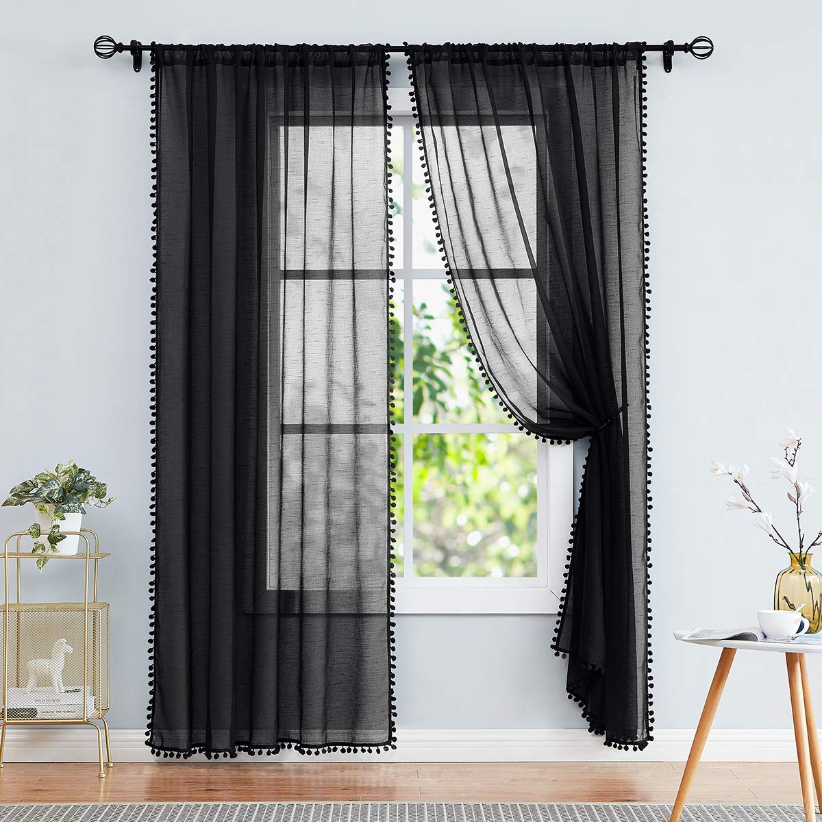 Treatmentex Pom-Pom Grey Sheer Curtains for Bedroom 63" Window Drapes Rod Pocket Textured Sheer Curtain for Kids Room 52" w 2 Panels BST202