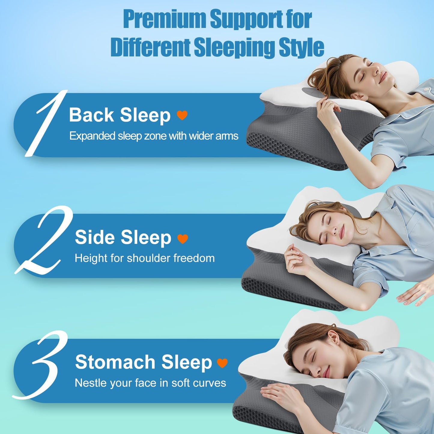 Cervical Neck Pillow for Sleeping, Memory Foam Pillow for Neck Support, Ergonomic Pillow for Pain Relief, Contour Bed Pillow for Side Back Stomach Sleepers, Grey, Queen Size BST220