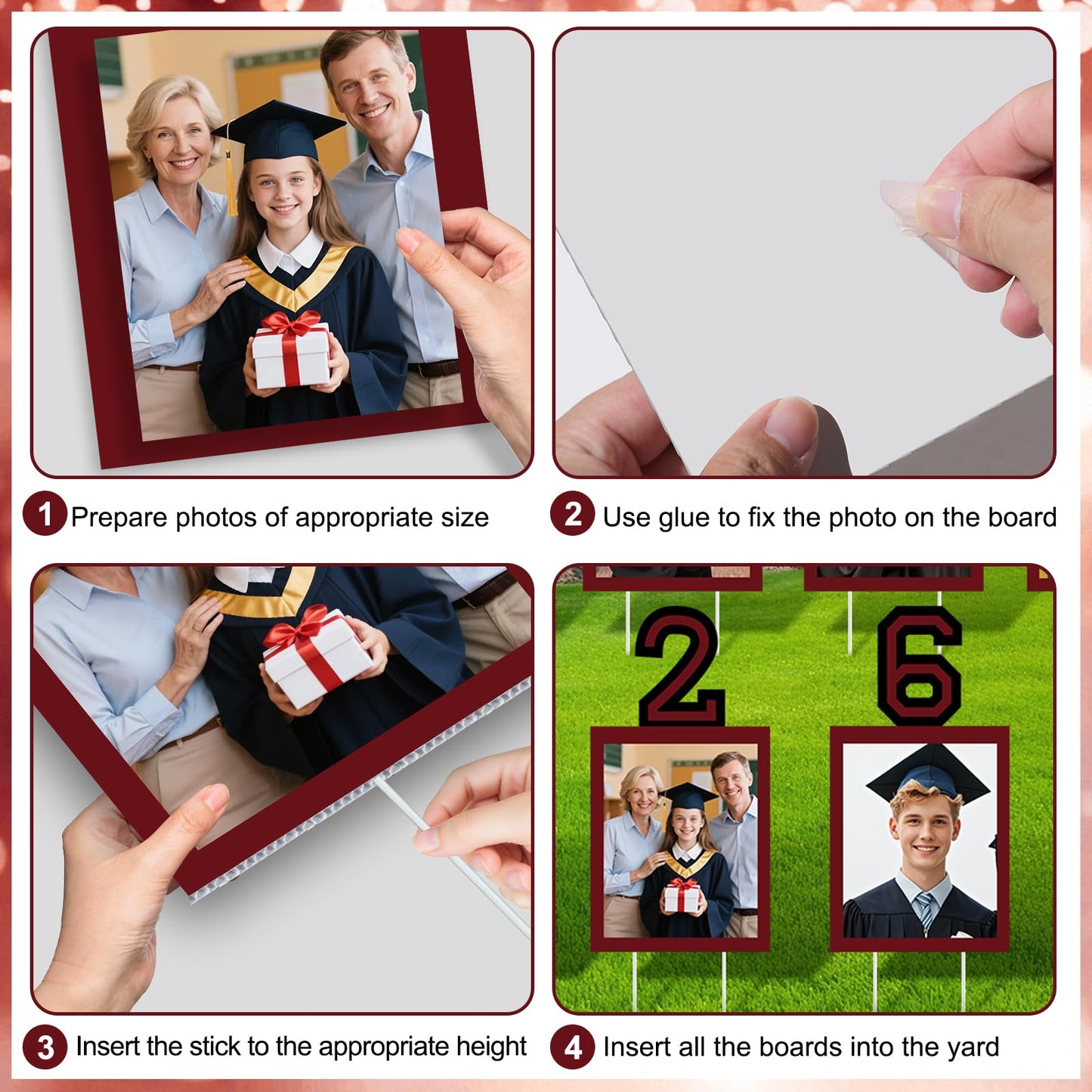 12 Pcs Graduation Photo Yard Sign Decorations 2026, K-12 Grade Graduation School Picture Frame Lawn Sign with Stakes for Kindergarten Middle High School Class of 2026 Grad Party Decorations, Red WN420