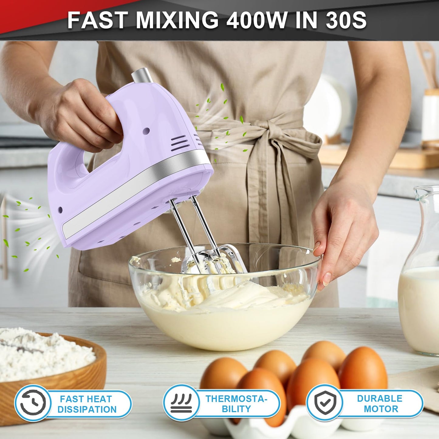 Lord Eagle Hand Mixer Electric Handheld 400W, 5-Speed Lightweight Kitchen Mixer with Storage Case, 5 Stainless Steel Attachments for Baking Cake Egg Cream Food Beater, Turbo+Eject Button, Pink