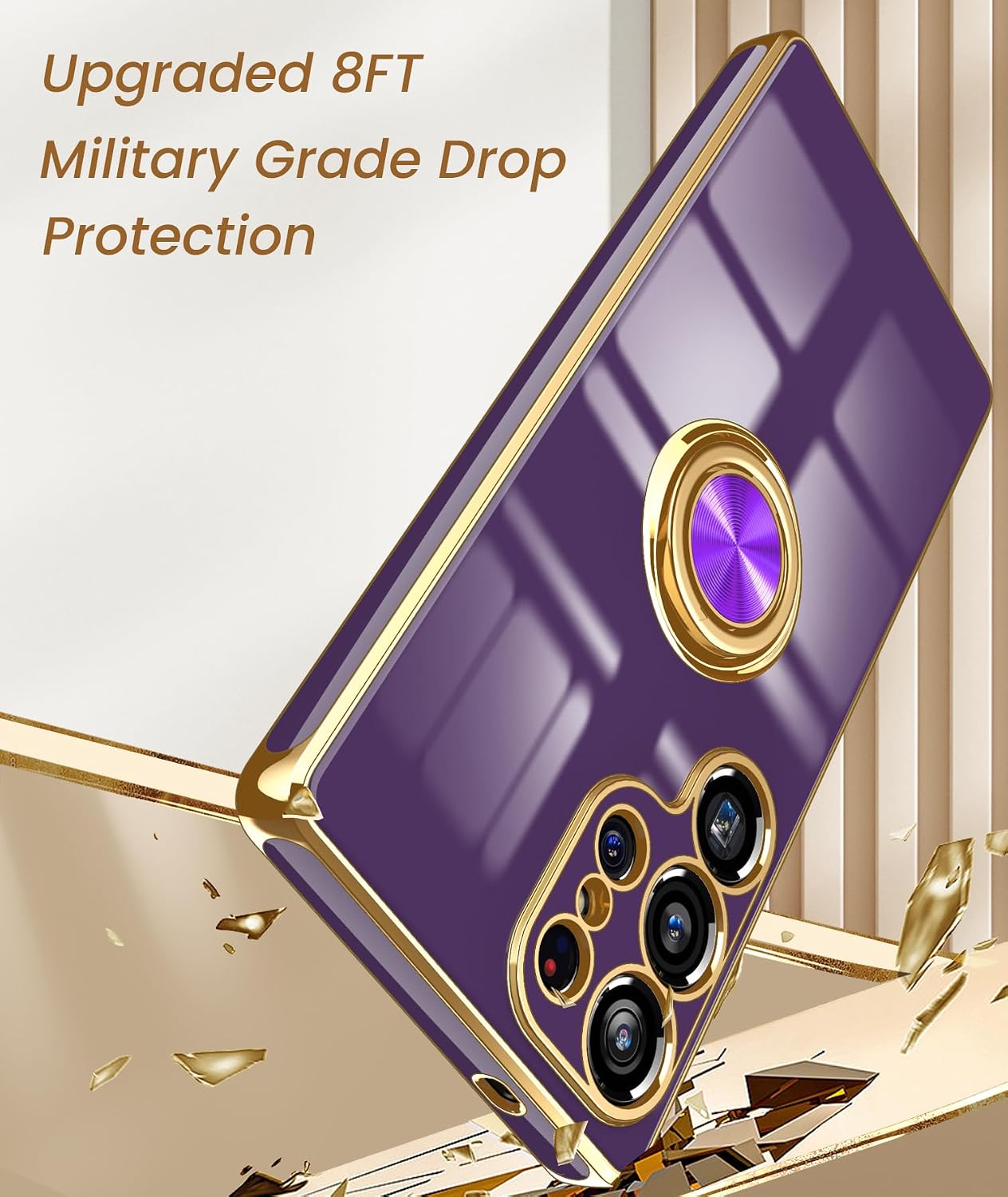 Dretal for Samsung Galaxy S25 Ultra 5G Case, 2X Screen Protector, 360°Rotatable Ring Holder Magnetic Kickstand,Plated Gold Edge Slim Soft TPU Protective Phone Cover for Galaxy S25 Ultra (Deep Purple) WN420