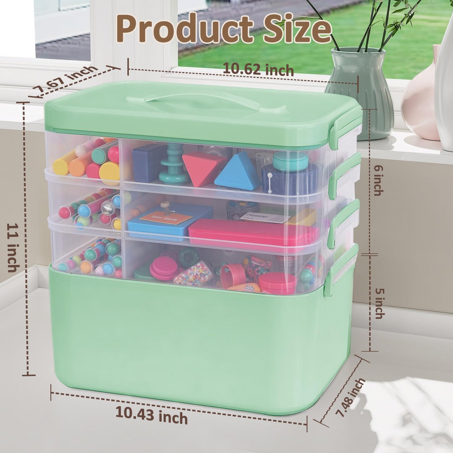 Gifhomfix 4-Layer Plastic Craft Organizers and Storage Box with Removable Trays, Storage Containers with lids and Handle, Art Supply Storage Organizer for Organizing Bead, Sewing, Tool（Green） BST220