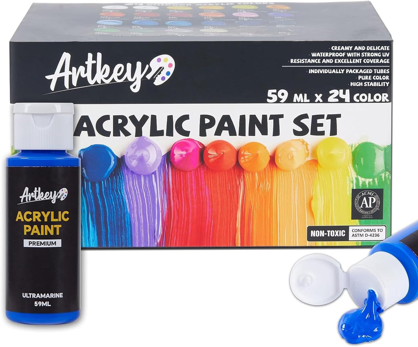 Artkey Acrylic Paint Set, 24 Colors 2 oz/59 ml 100