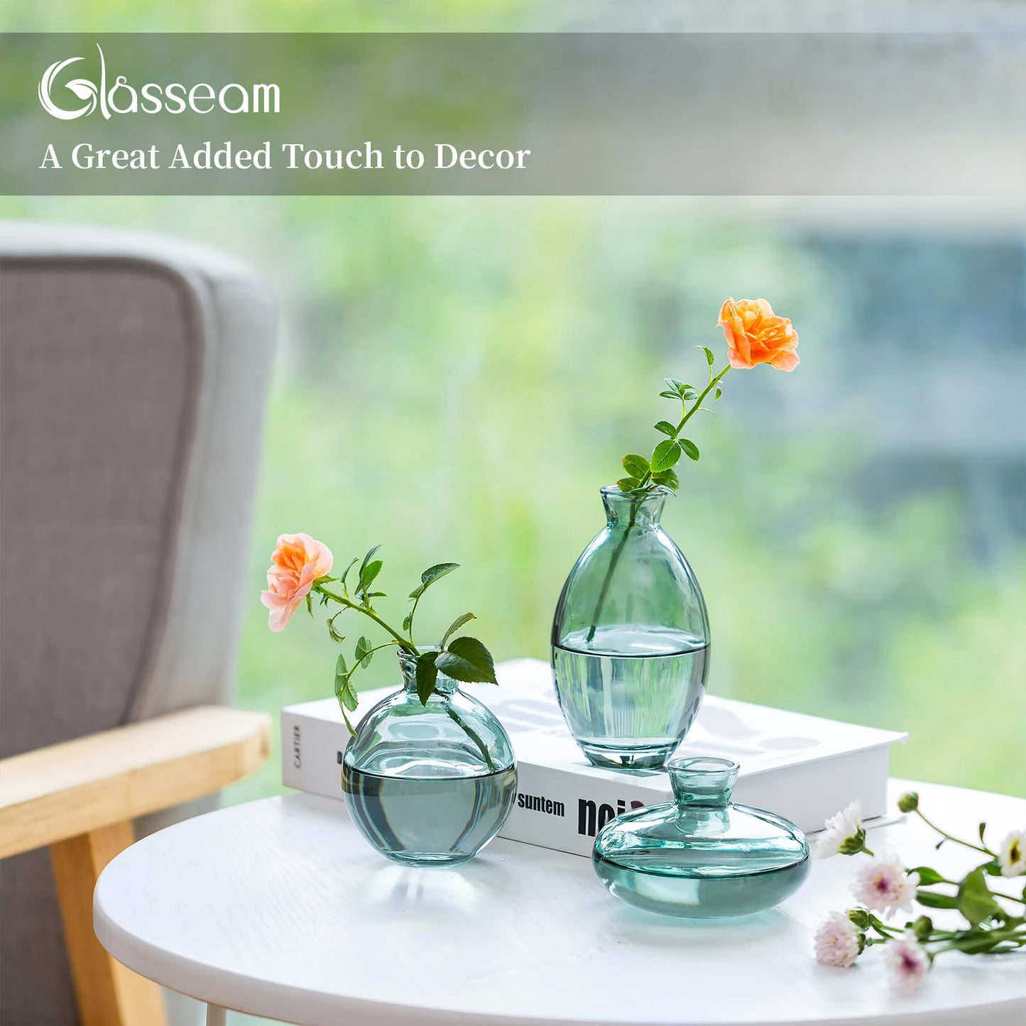 Glasseam Clear Glass Bud Vase, 3Pcs/Set Modern Decorative Small Mini Flowers Vases Short Minimalist Aesthetic Home Decor Vintage Cute Handmade Tiny Wedding Table Centerpieces for Single Flower Rose BST326H