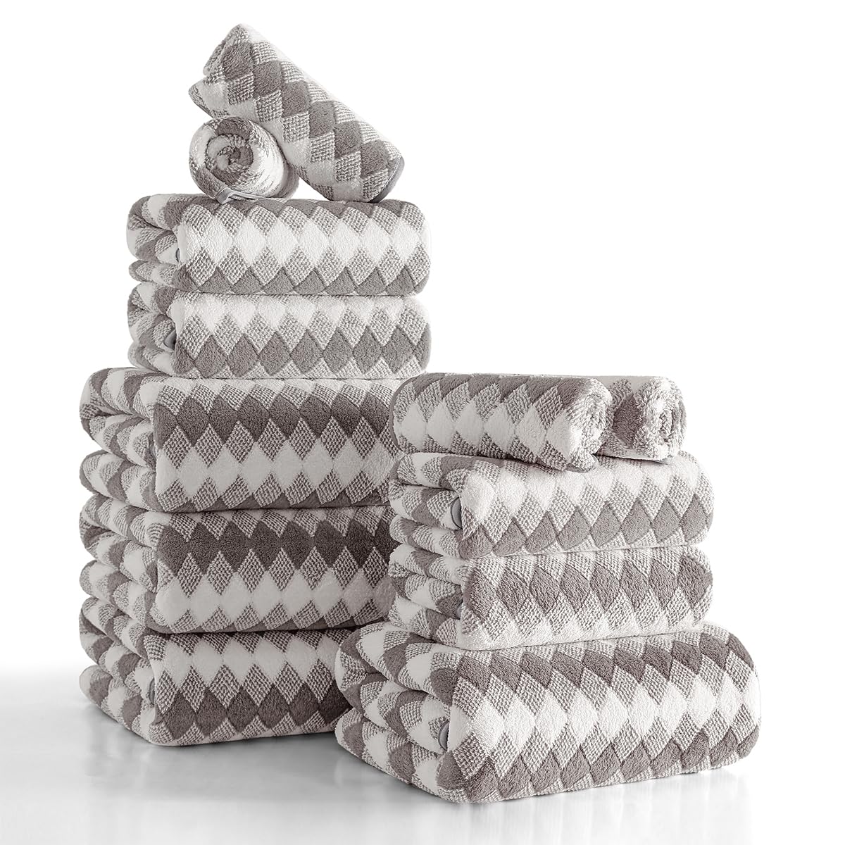 12 Pcs Light Gray Diamond Towel Set-4 Bath Towels,4 Hand Towels,4 Washcloths Soft Polyester Towels with Loop Absorbent Shower Towel Quick Dry Beach Chair Towel Family Towels for Bathroom Spa Gym Pool BST220