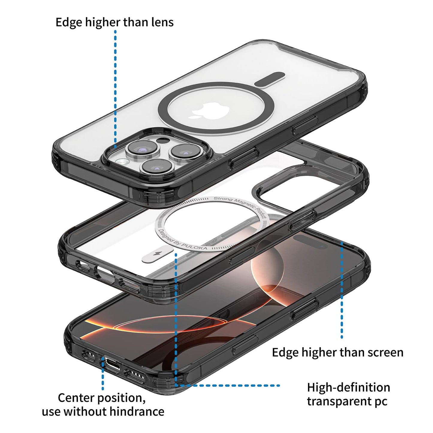 PULOKA for iPhone 14 Pro Transparent Case, Compatible with MagSafe, Clear Protector Slim Cover, Magnetic Phone Case for iPhone 14 Pro 6.1 inch Balck WN420
