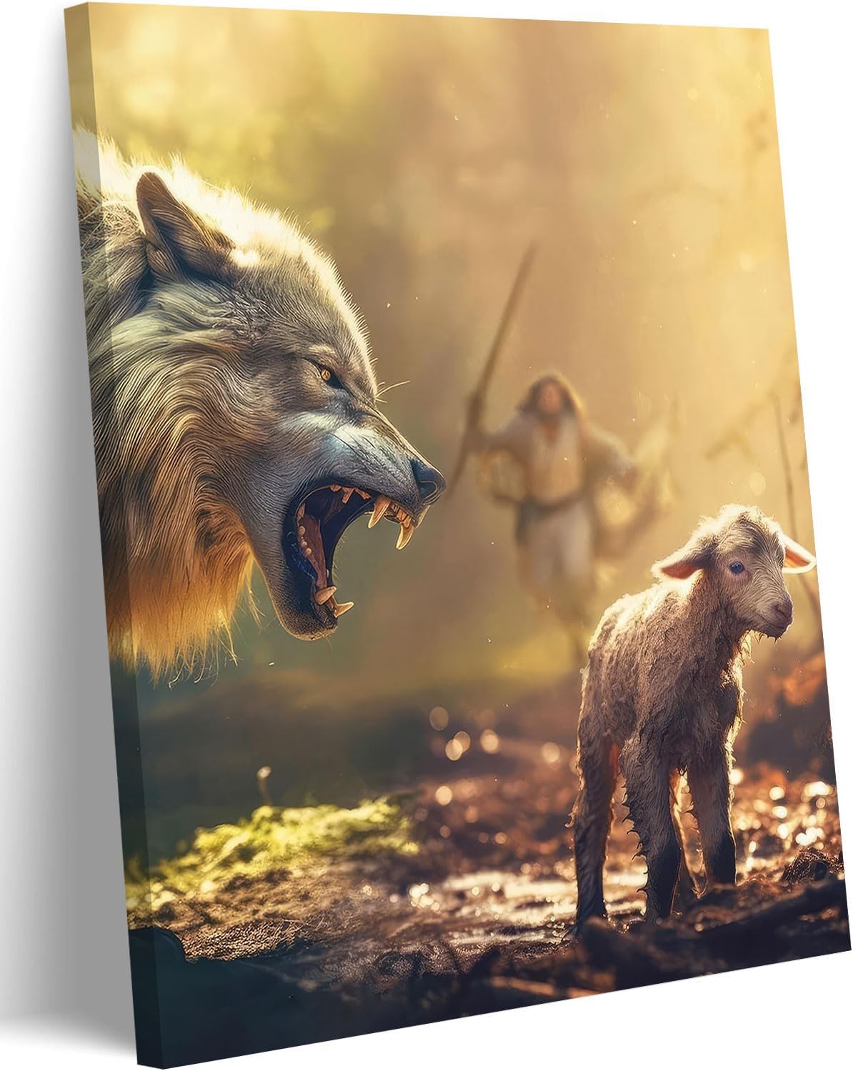 KKJ Jesus Saves The Lamb Canvas Wall Art | Jesus Running Towards Wolf & Lamb Picture, Christian Poster Print Painting, Living Room Bedroom Church Decor, Home Decoration BST326H