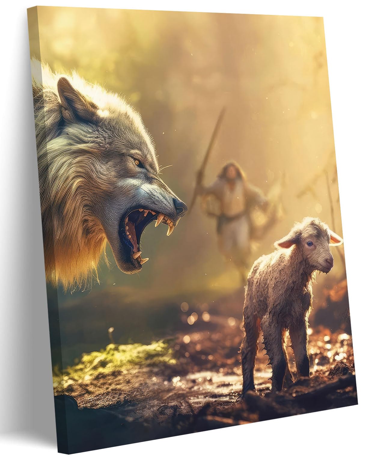 KKJ Jesus Saves The Lamb Canvas Wall Art | Jesus Running Towards Wolf & Lamb Picture, Christian Poster Print Painting, Living Room Bedroom Church Decor, Home Decoration BST326H