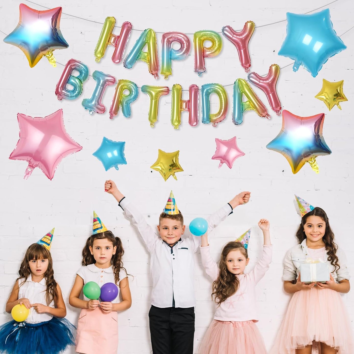 Happy Birthday Balloons Banner, Rainbow Happy Birthday Foil Balloons 16 Inch Foil Letter Balloon with 8 Pcs Gradient Blue Pink Star Balloon for Women Men Boys Girls Birthday Party Decoration WN420