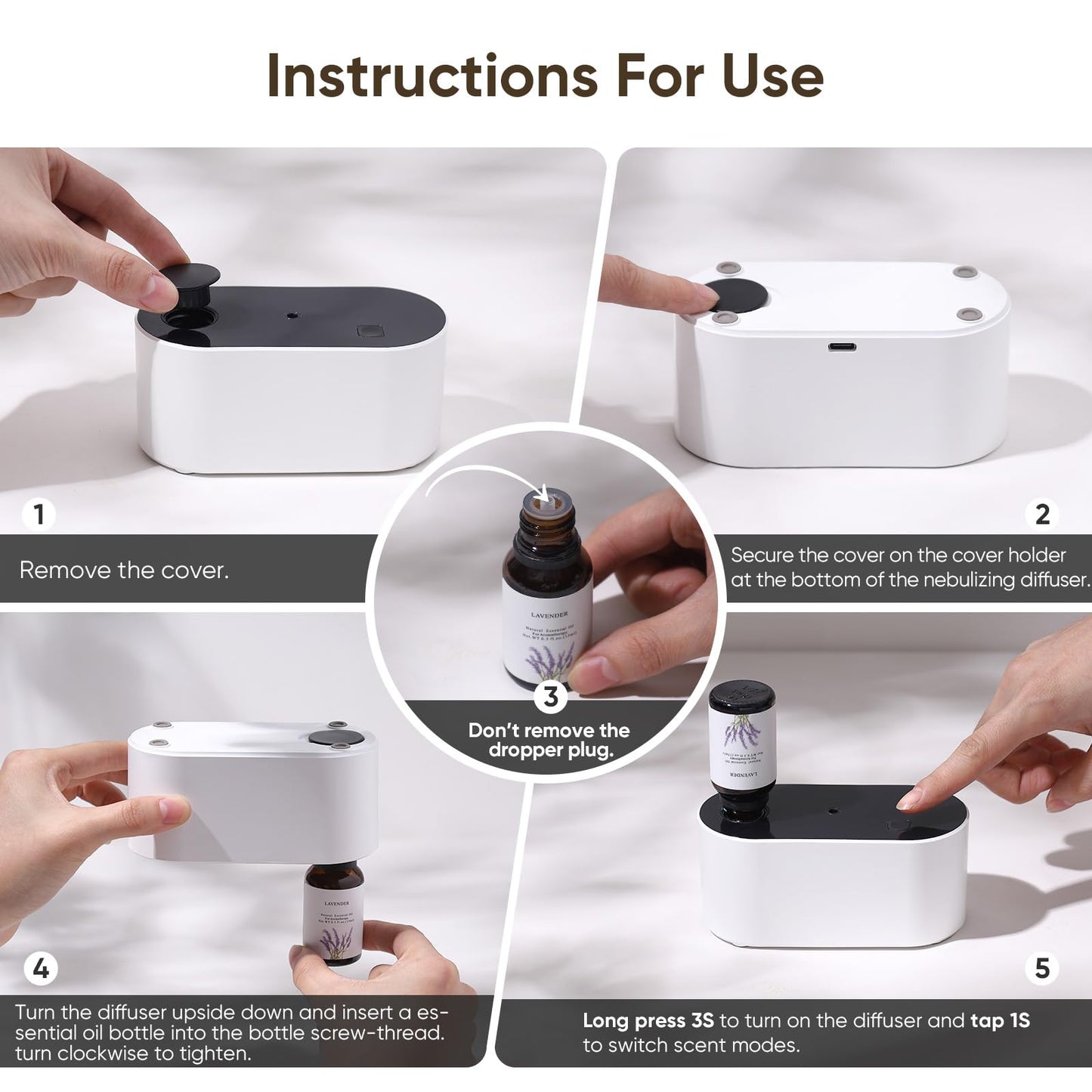 Lecdura Waterless Diffuser for Essential Oil, Battery Operated Scent Air Aromatherapy Diffuser, Mini Aroma Diffusers with 3 Intermittent Mist Modes, Cycle Start for Home Office Bedroom - Rose Gold