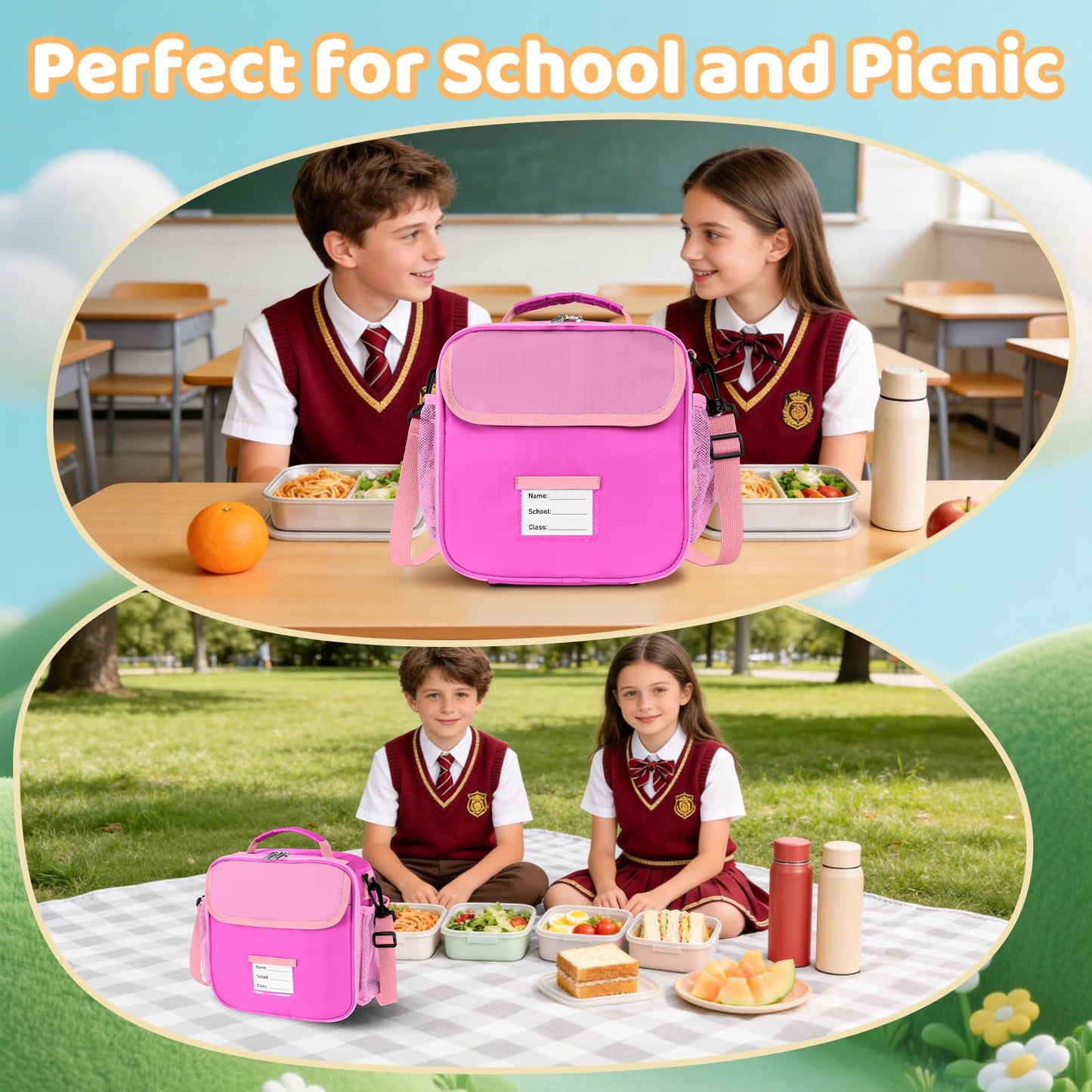 Lunch Bag for Kids Insulated Lunch Boxe for Boys Girls Small Reusable Cooler Tote Lunchbag Back to School Cute Lunchbox for Teens (light blue) WN420