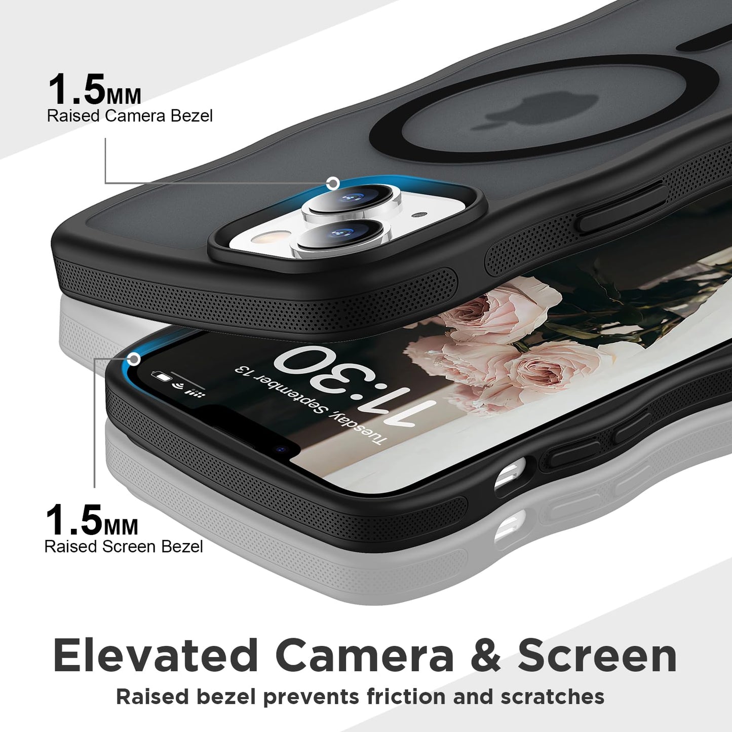 Magnetic for iPhone 13 Pro Case, Compatible with MagSafe Cute Wave Non-Slip Translucent Matte Easier Grip Shockproof Phone Case for iPhone 13 Pro, Black WN420