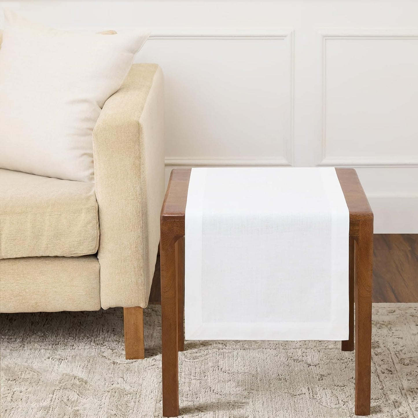 Solino Home 100% Linen Dining Table Runner White Woven, Fete 14 x 36 in | Table Runners for dining, console and side tables | neatly mitered corners, artisan crafted | Pure Linen | OEKO-TEX Certified BST326SOLH