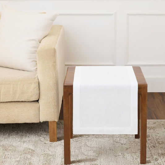 Solino Home 100% Linen Dining Table Runner White Woven, Fete 14 x 36 in | Table Runners for dining, console and side tables | neatly mitered corners, artisan crafted | Pure Linen | OEKO-TEX Certified BST326SOLH