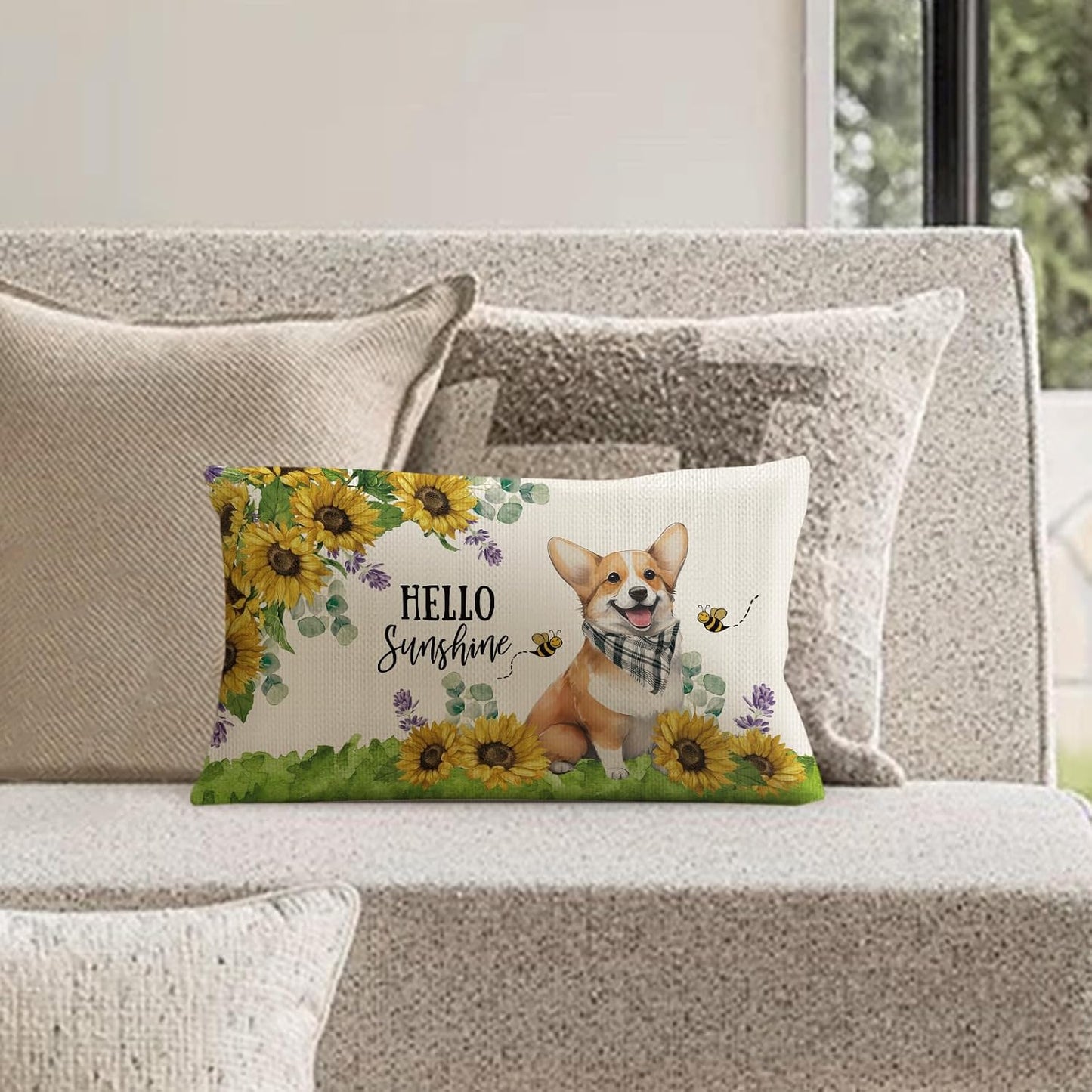 Sunflower Corgi Dog Lumbar Throw Pillow Cover 12x20 Inch Summer Cushion Case Decoration for Sofa Couch BST202