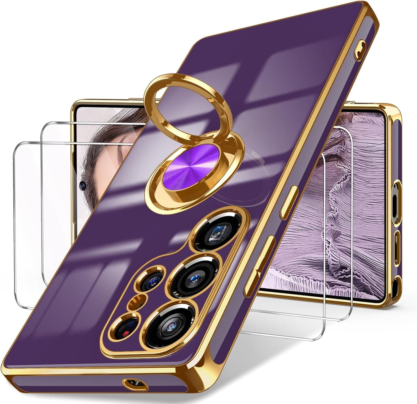 Dretal for Samsung Galaxy S25 Ultra 5G Case, 2X Screen Protector, 360°Rotatable Ring Holder Magnetic Kickstand,Plated Gold Edge Slim Soft TPU Protective Phone Cover for Galaxy S25 Ultra (Deep Purple) WN420