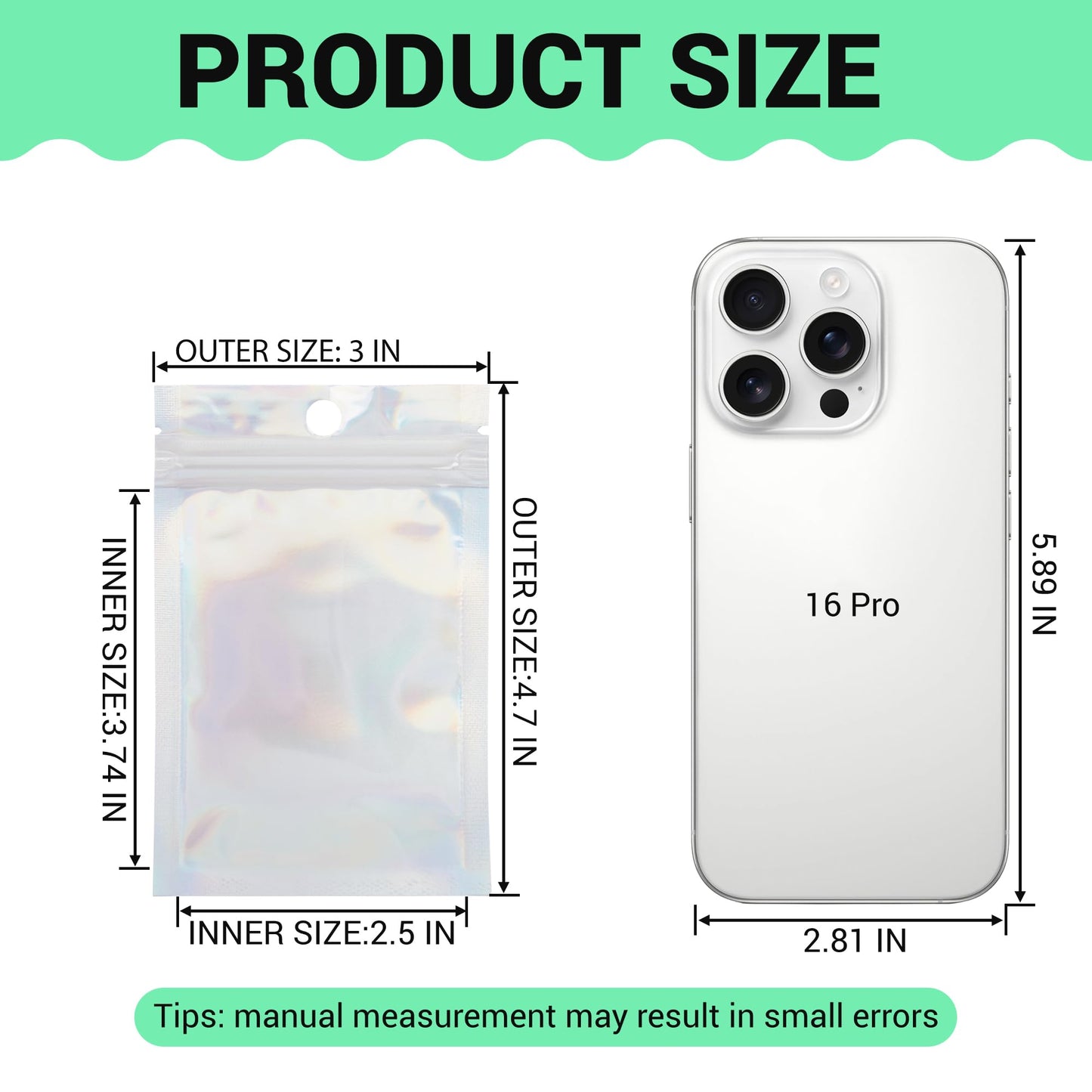 Holographic Mylar bags -100Pcs Self-Seal Resealable Zip Baggies with Clear Window, Smell Proof Laser Iridescent White 3x4.7 inch for Small Business Samples, Party favors,Snacks,Jewelry BST326L