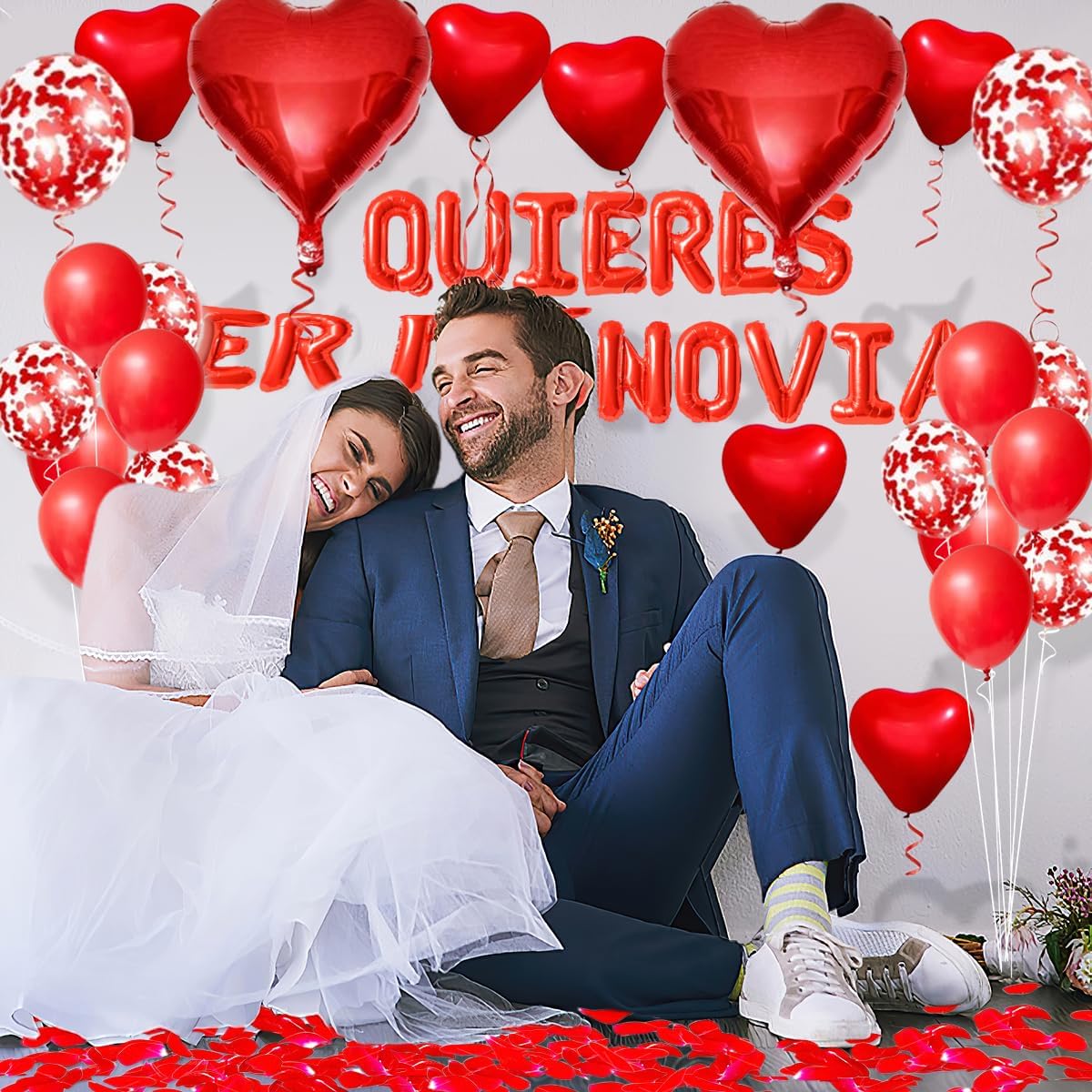 QUIERES SER MI NOVIA - 16inch Quieres Ser Mi Novia Balloons/Will You Be My Girlfriend - 1000pcs Artificial Rose Petals Red Heart Balloons for Love Confession Valentines Day Party Decorations BST326H