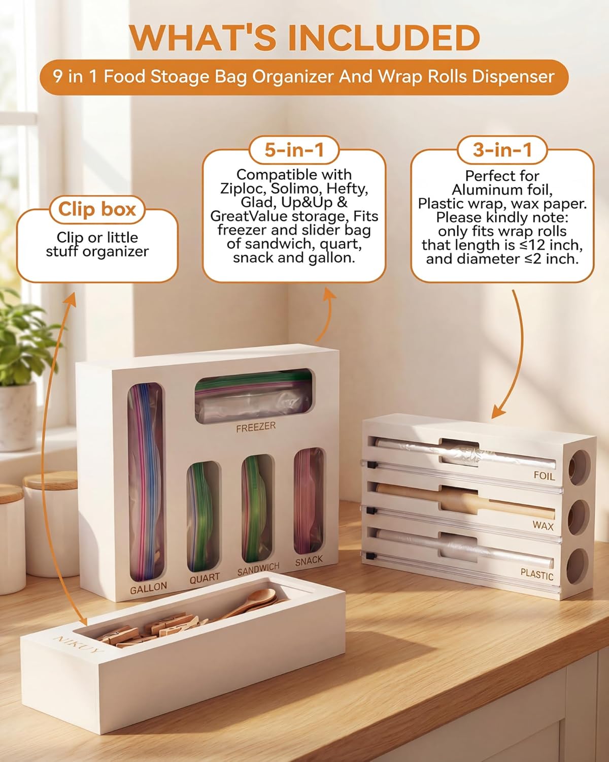 Bamboo Foil and Plastic Wrap Organizer for Kitchen Drawer, 9 in 1 Plastic Bag Organizer Organization and Storage, Food Storage Bag Organizer with Labels for Quart Gallon Snack (White) DD1210