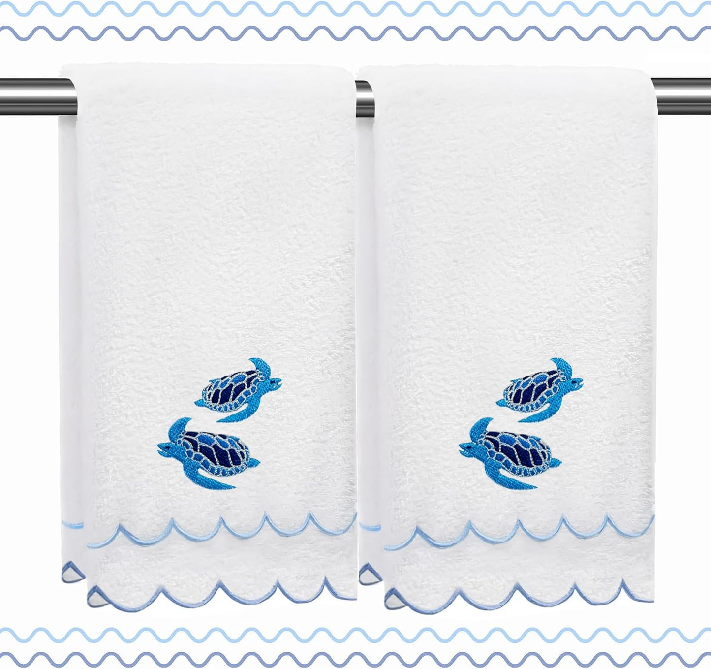 2 Pcs 100% Cotton Summer Hand Towels for Bathroom Scalloped Hand Towels 16 * 27 Inch Embroidered Decorative 600 GSM Soft Absorbent Bath Towel for Spa Yoga Hotel Sport (Blue) BST326H