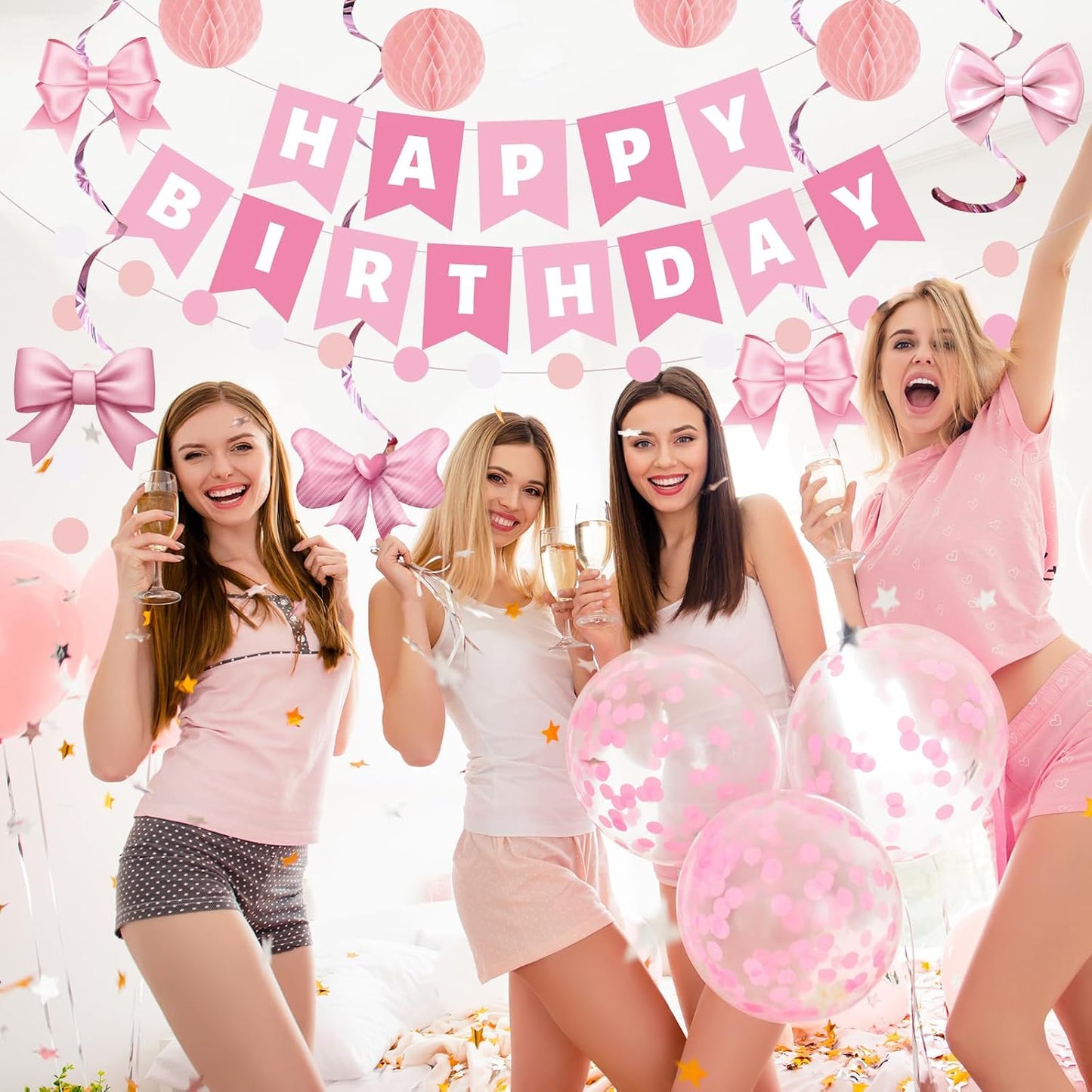 38 Pcs Pink Birthday Party Decoration Set Pink Bow Banner Hanging Swirls Honeycomb Balls for Women Girls Bow Birthday Bachelorette Party Baby Shower Party Supplies BST220