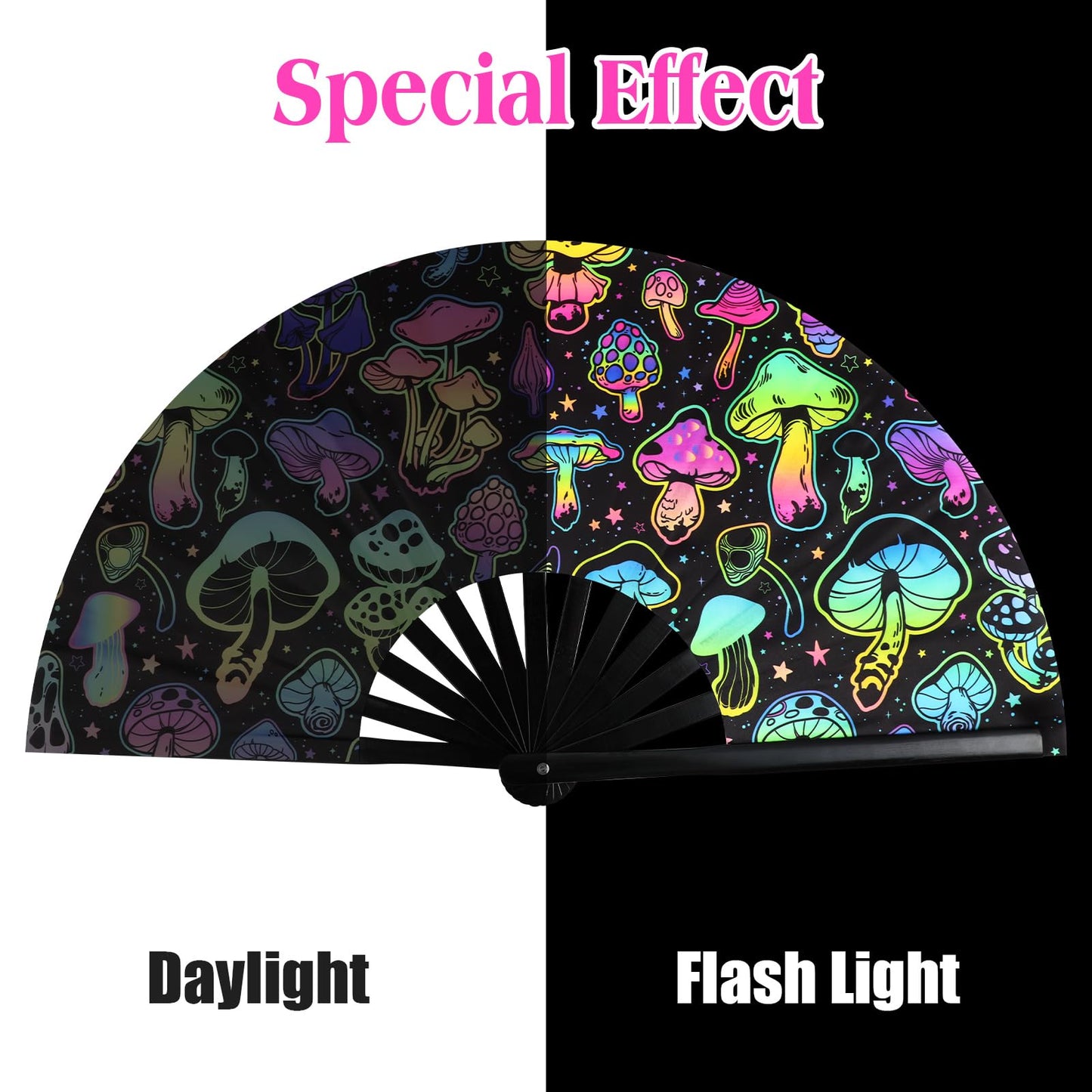 FairySandy Large Rave Fan UV Glow Clack Summer Hand Fan with Thigh Holster for Women Carnival Party Supplies for Carnival Edm Music Festival Club Accessories(Cool Style,Black) WN420
