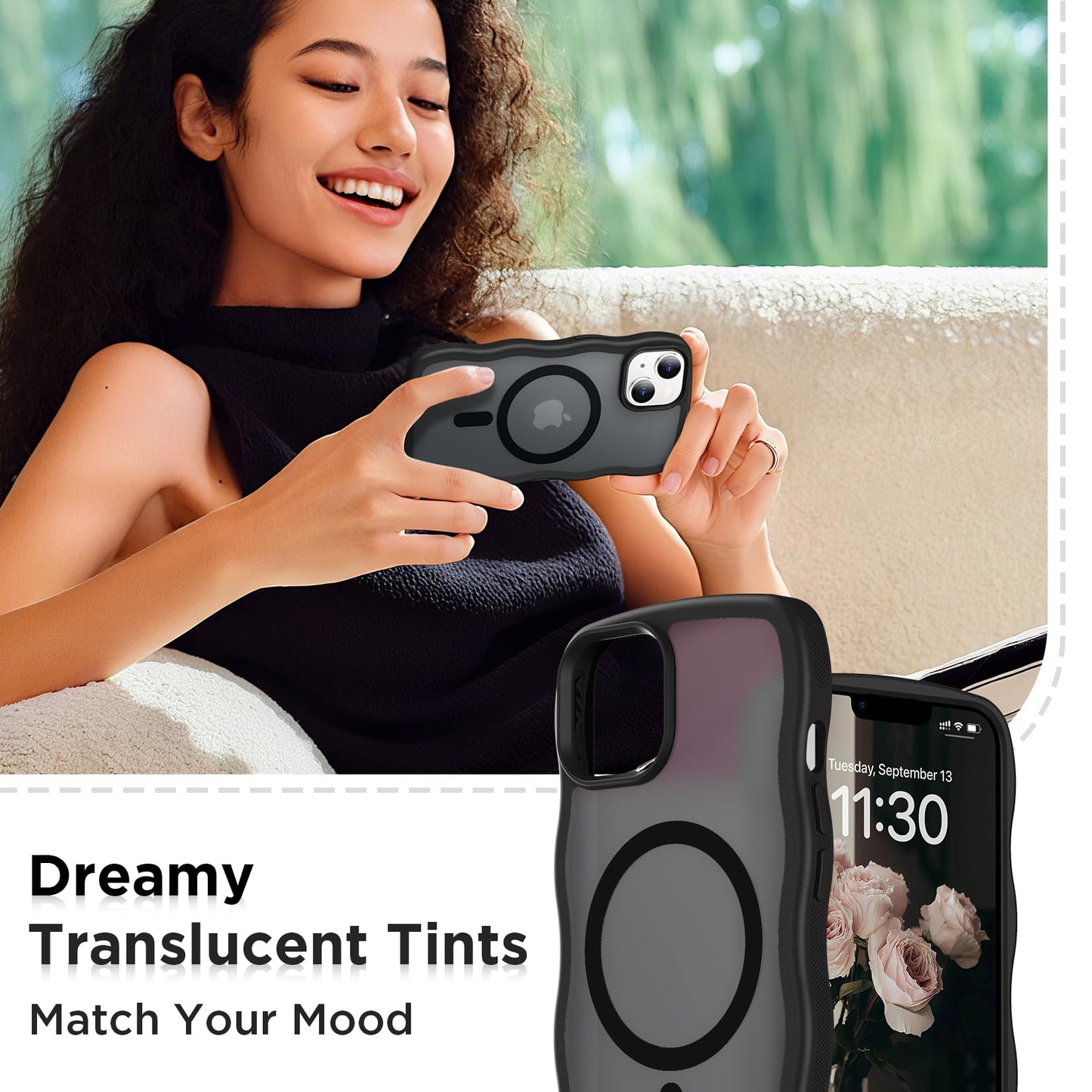 Magnetic for iPhone 13 Pro Case, Compatible with MagSafe Cute Wave Non-Slip Translucent Matte Easier Grip Shockproof Phone Case for iPhone 13 Pro, Black WN420