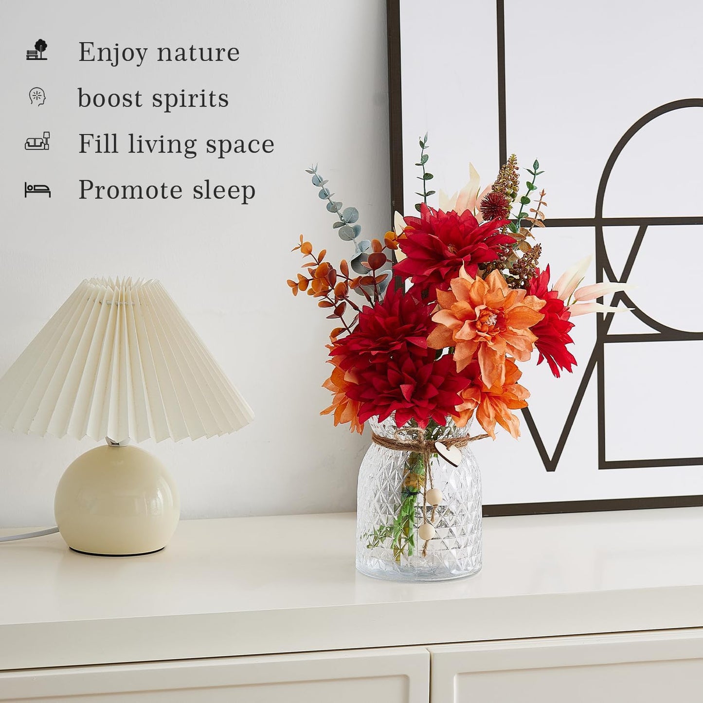 Fake Flowers with Vase, Faux Flowers in Vase, Red Silk tassel Flower Artificial Flowers bulk Arrangements for Home Decor for Living Room Bathroom Office Table Centerpiece Shelf Decoration BST326H