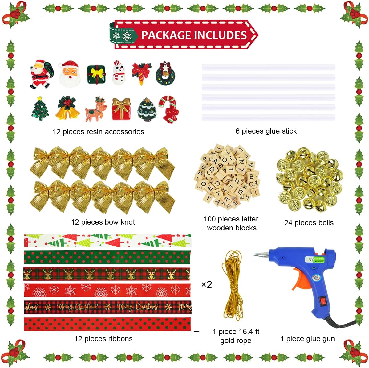 UNIIDECO Christmas Crafts Ornament Kits for Adults Kids, Xmas Tree Ribbon Name Ornaments DIY Making, Holiday Family Tree Decoration Sets, Letters Tiles Home Decor Ideas for Navidad Stocking BST326H