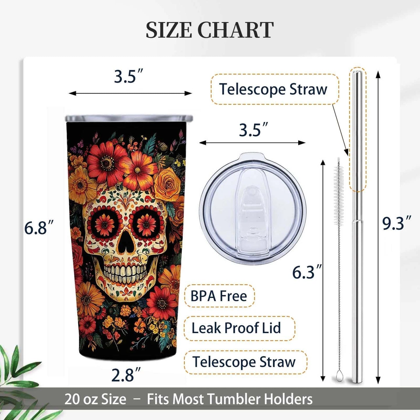 Gothic Skull 20 oz Insulated Stainless Steel Tumbler | Spooky Skeleton Travel Mug with Leak Proof Lid and Telescope Straw | Hot & Cold Coffee Cup | Halloween Gifts for Men and Women WN420