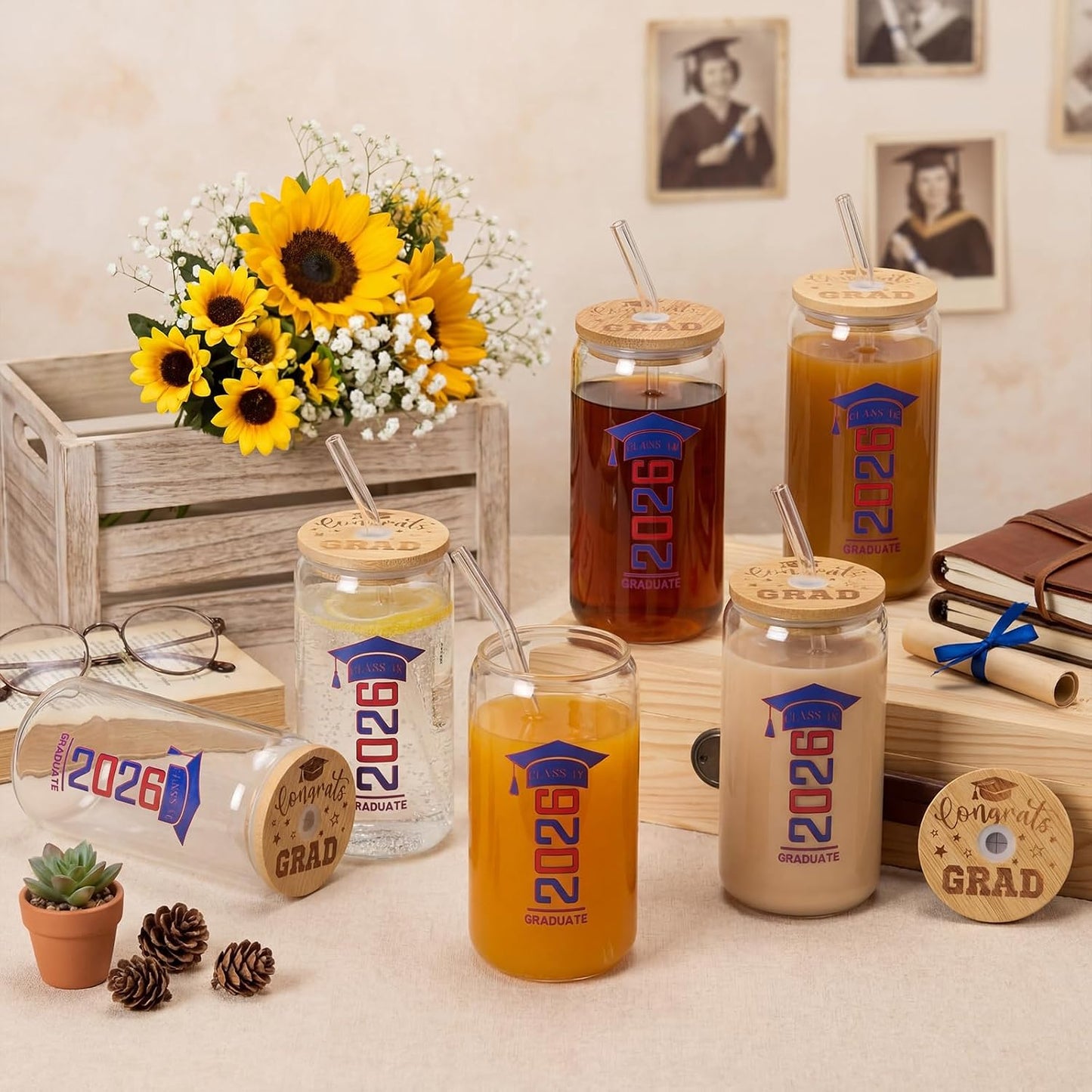 6 Pcs Red and Blue Class of 2026 Graduation Gifts Graduation Glass Cup with Lids Straw 16oz Congrats Grad Coffee Mugs for Her Him Men Women Middle & High School College Tumbler Party Favor BST326H