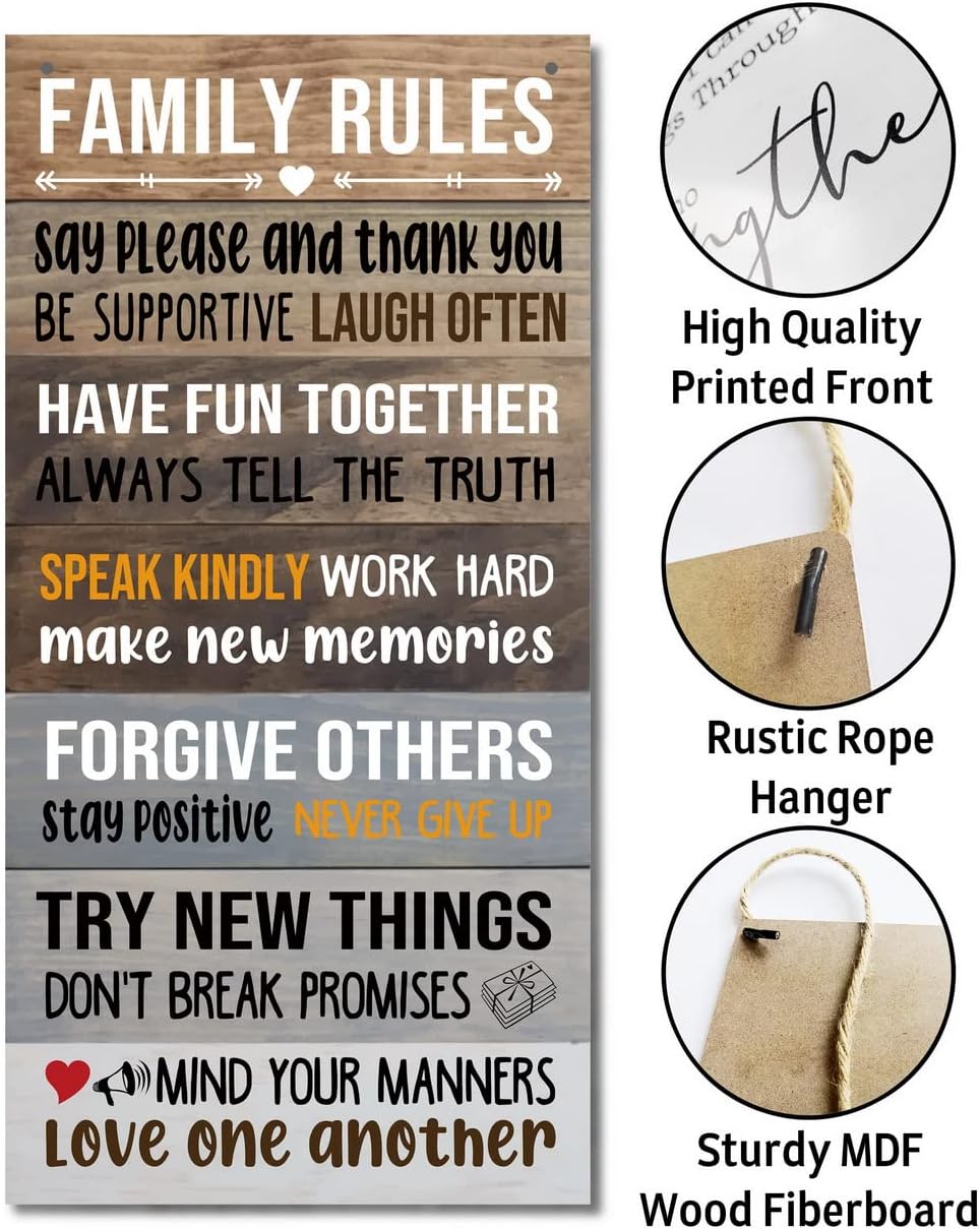 Warm Family Rules Home Sign, Inspirational Family Saying Wood Sign, Rustic Hanging Plaque Art Decor, Home Sign decoration, Farmhouse Wall Decor, Housewarming Gift BST202