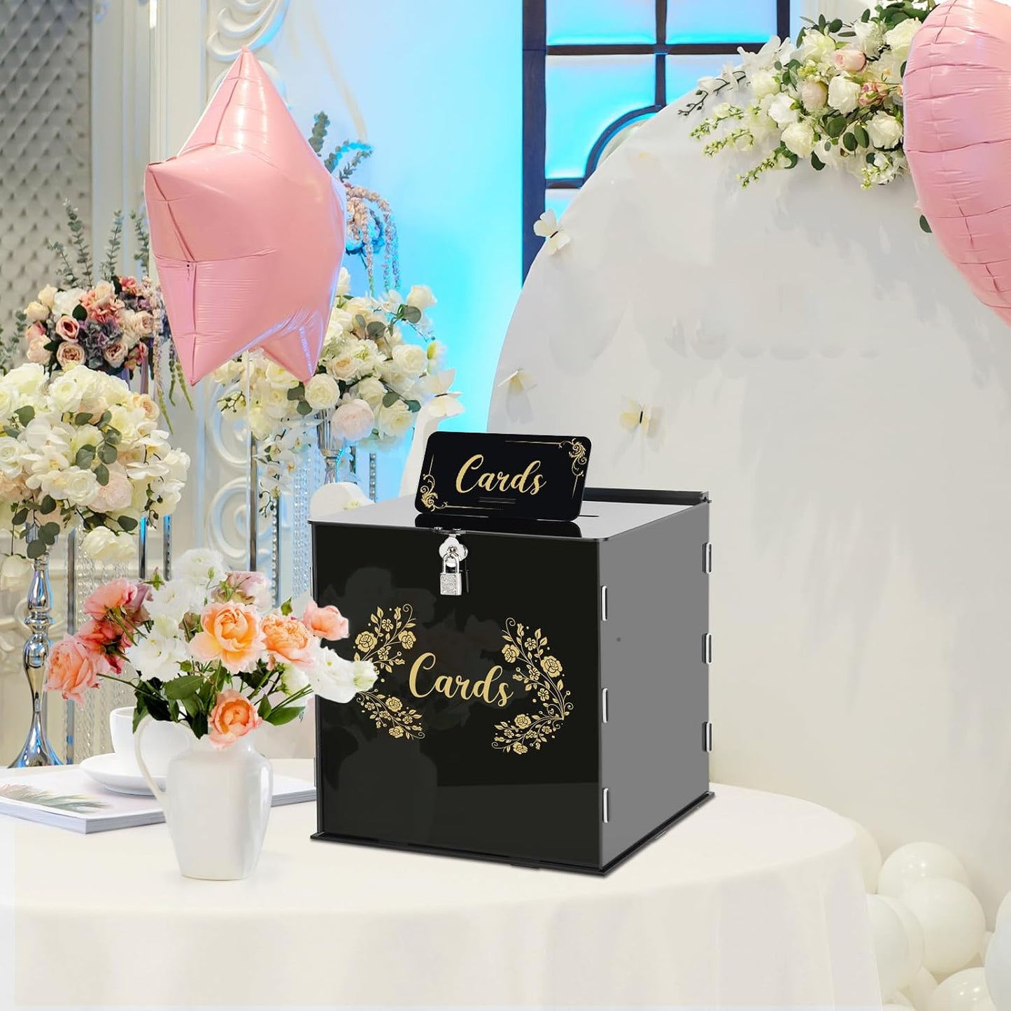 Fowecelt Acrylic Wedding Card Box with Lock Black Card Box DIY Large Rustic Card Box for Wedding Reception Bridal Shower Birthday Baby Shower Party Graduation Decorations (10x10x10 Inch) BST326H