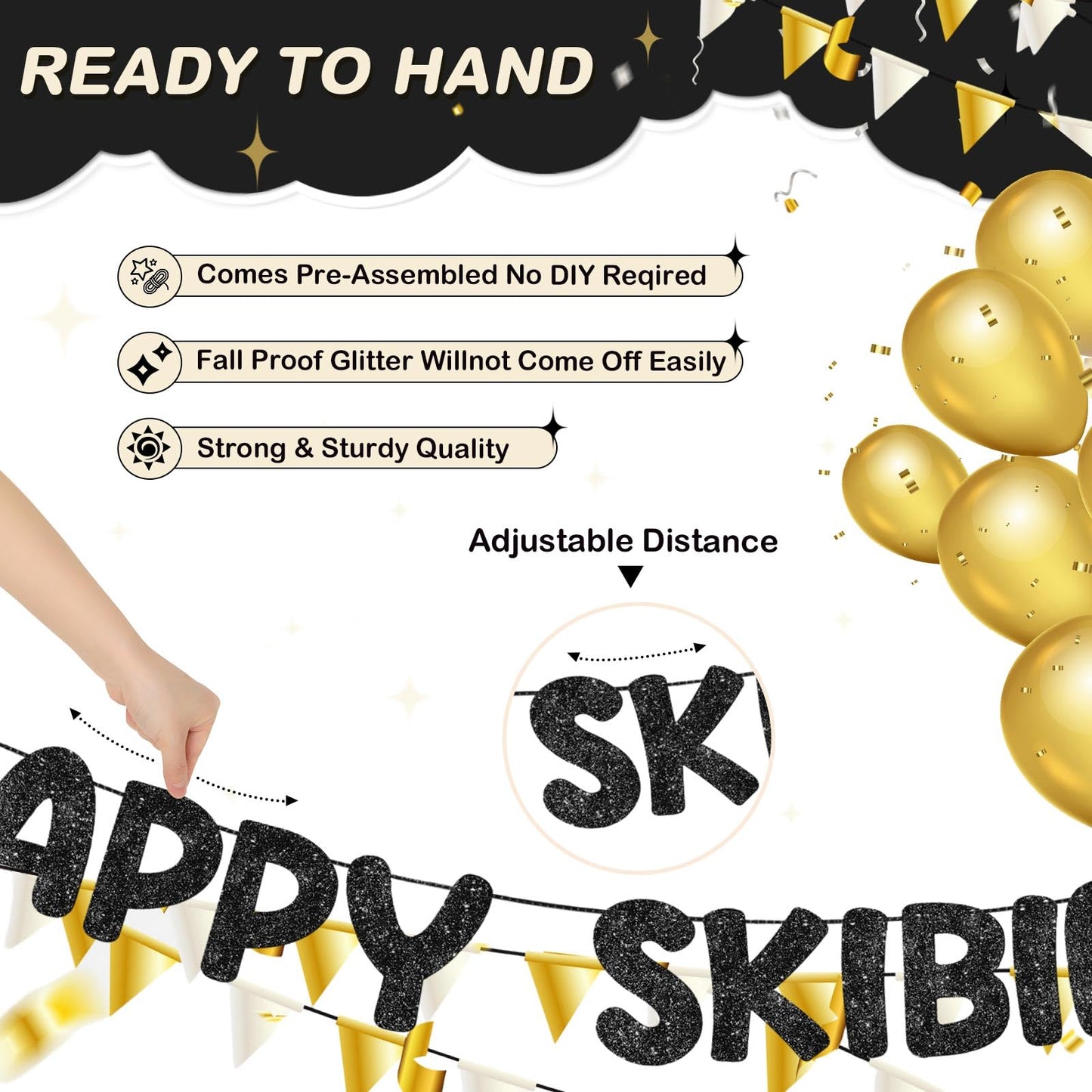 Fulmoon Pre Strung Happy Skibidi Birthday Sigma Banner Glitter Funny Zoomer Gen Z Slang Birthday Party Supplies Gen Z Slag Party Decorations Sign Gift(Champagne Gold) WN420