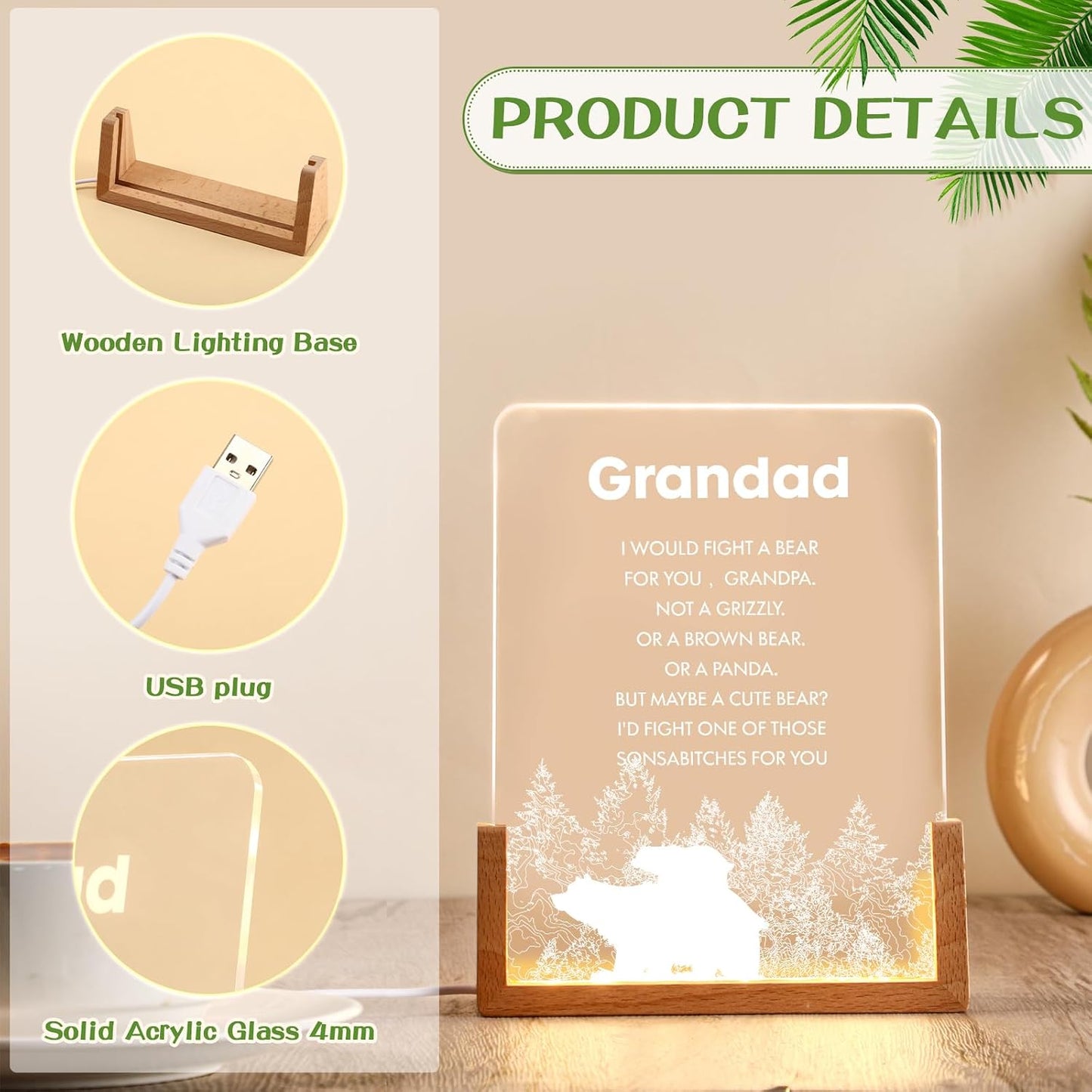 Briwooody Gift for Grandparent Wooden Night Light with Heartwarming Plaque for Unique Meaningful Grandparent's Birthday Day Gift from Grandson Granddaughter(Granddad) WN420